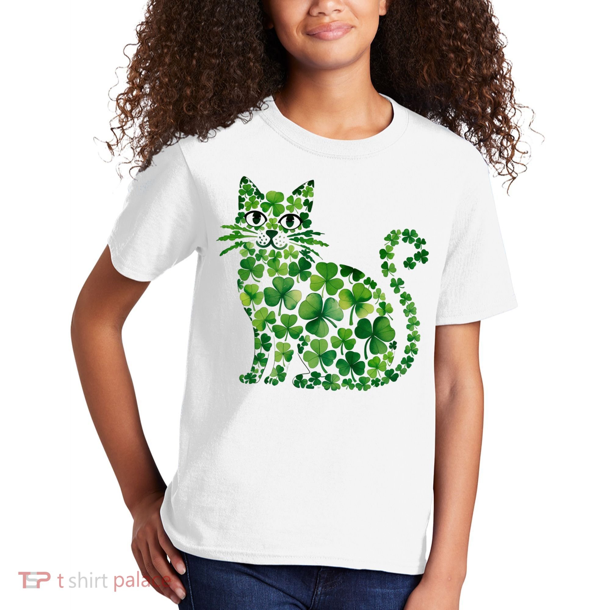 St Patrick's Day Lucky Shamrock Clover Cat Kids T-Shirt