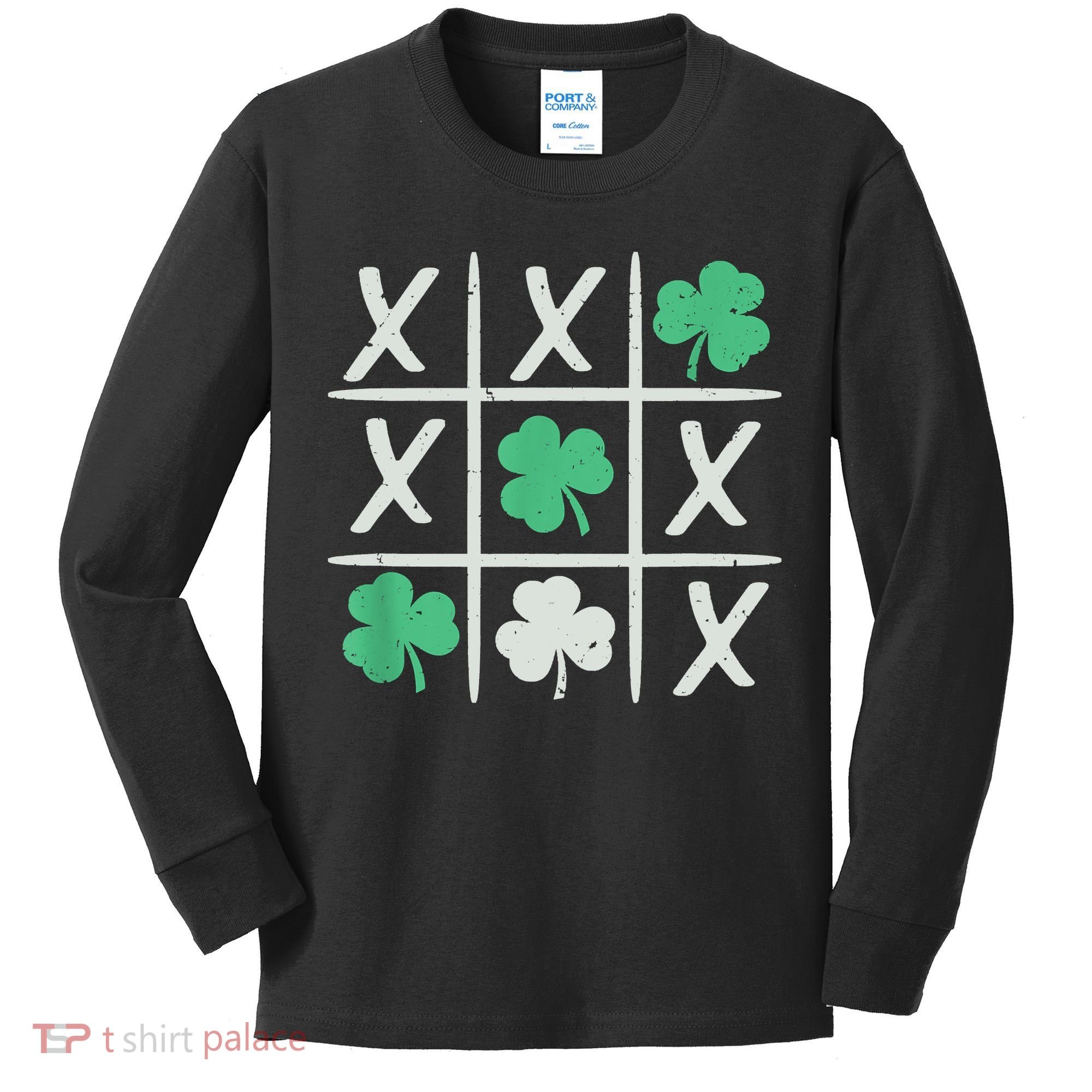 St Patrick's Day Tic Tac Toe Lucky Shamrock Kids Long Sleeve Shirt