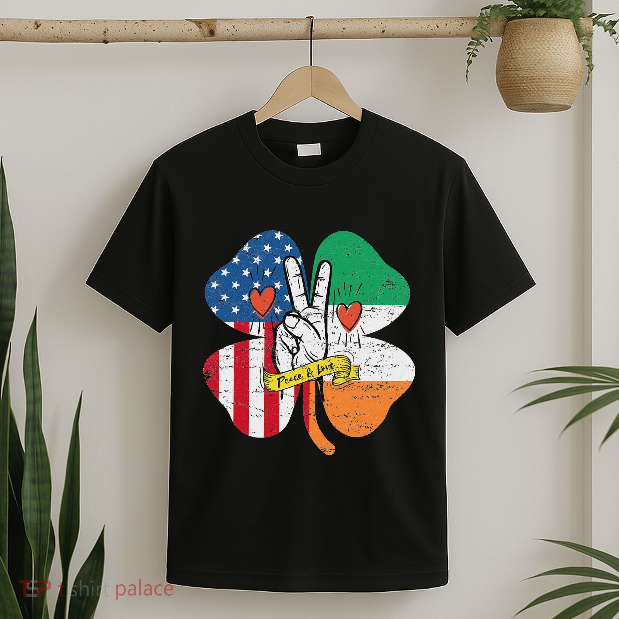 St PatrickS Day Irish American Flag Peace Love Shamrock T-Shirt