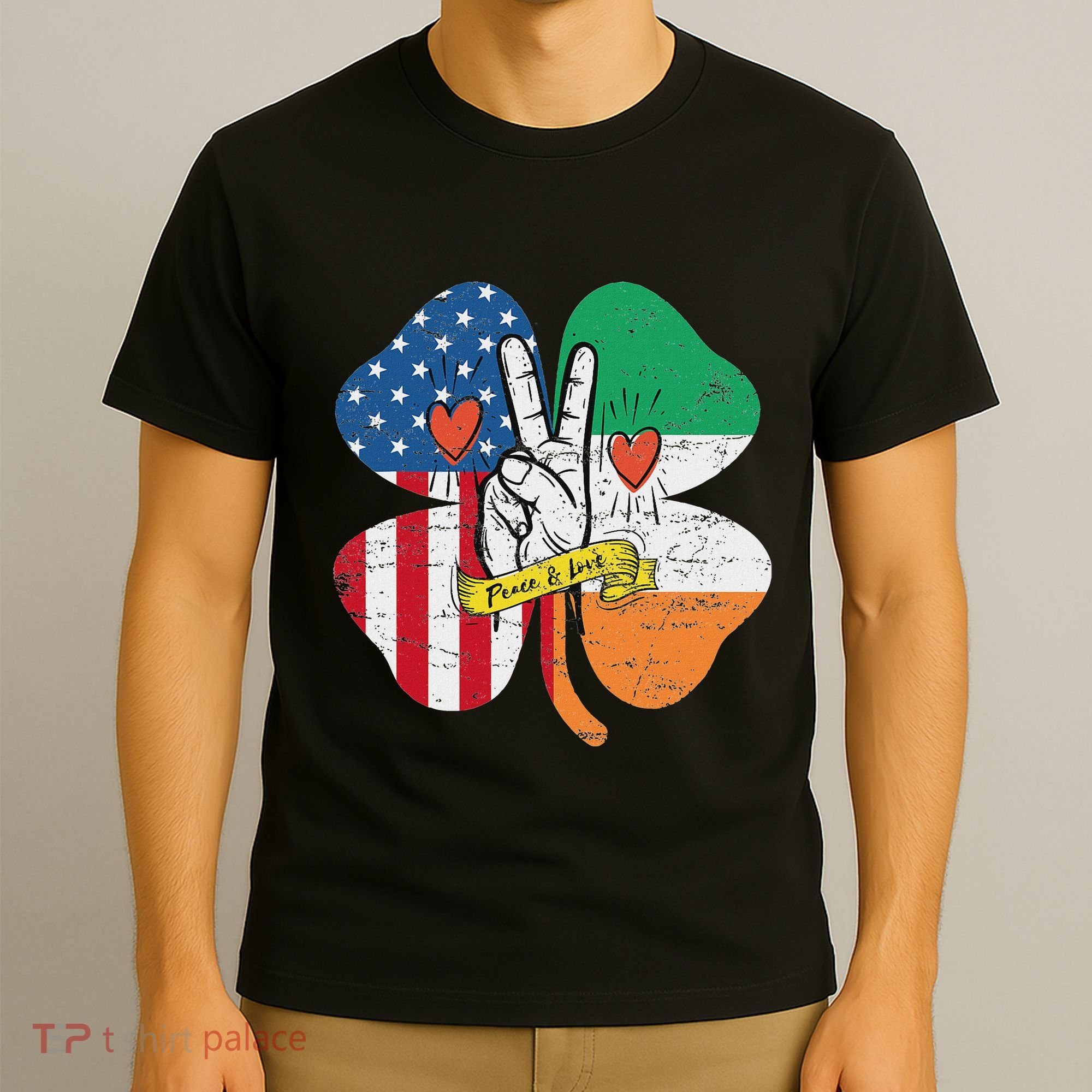 St PatrickS Day Irish American Flag Peace Love Shamrock T-Shirt