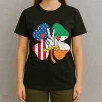 St PatrickS Day Irish American Flag Peace Love Shamrock T-Shirt thumb 4