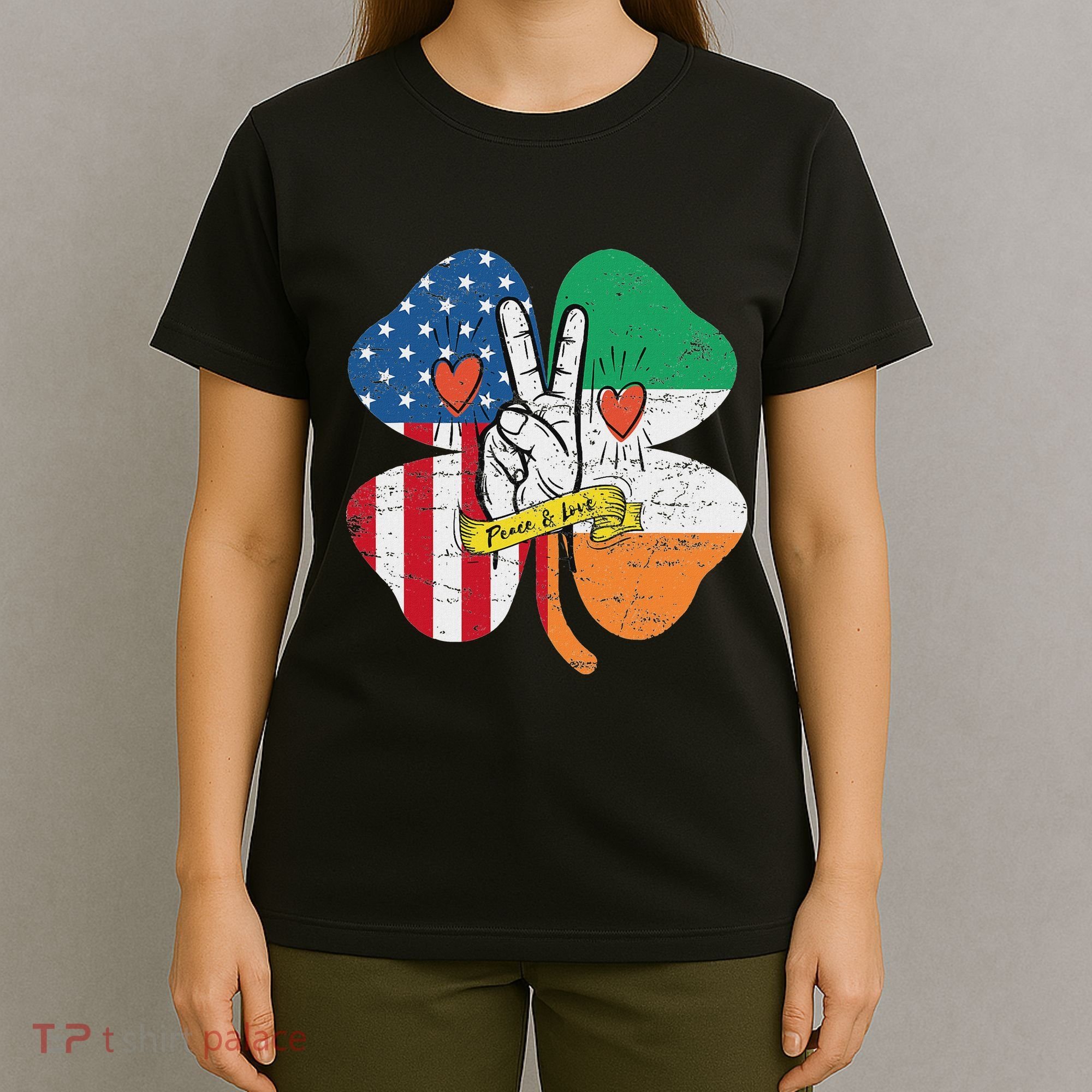 St PatrickS Day Irish American Flag Peace Love Shamrock T-Shirt