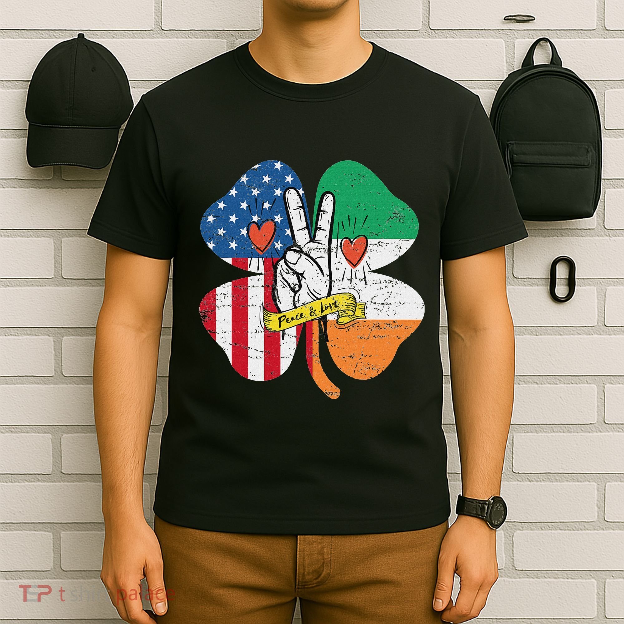 St PatrickS Day Irish American Flag Peace Love Shamrock T-Shirt