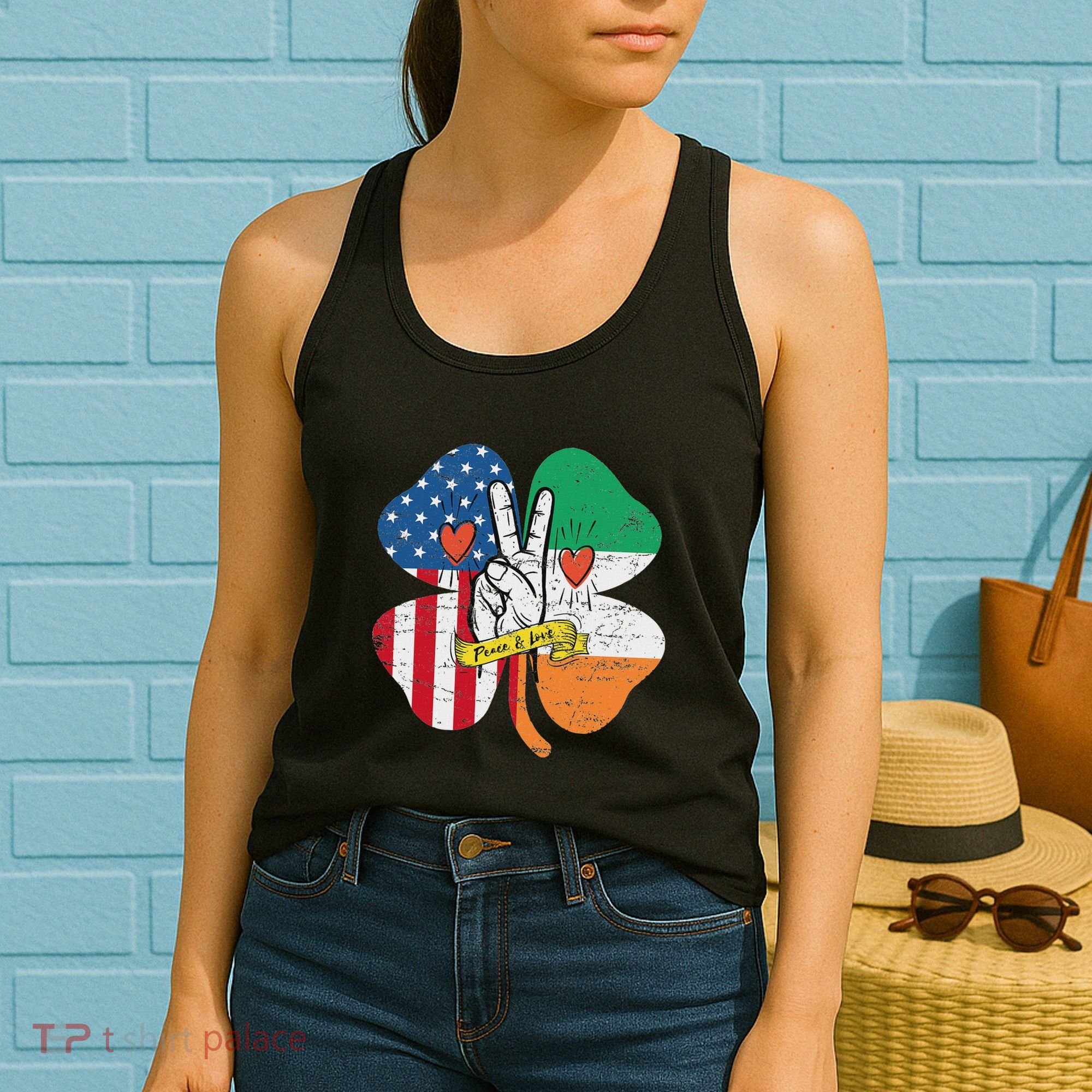 St PatrickS Day Irish American Flag Peace Love Shamrock Women's Tank Top