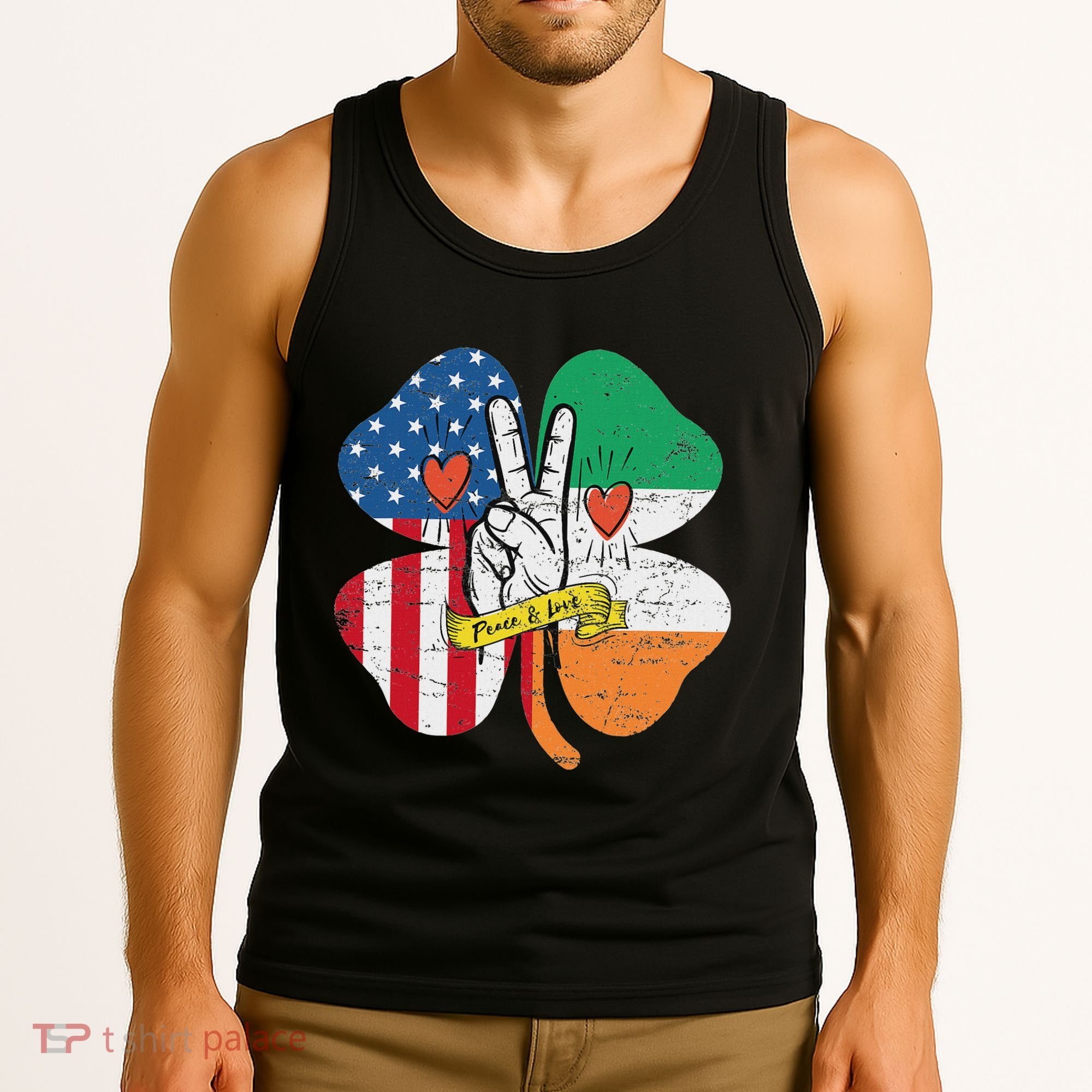 St PatrickS Day Irish American Flag Peace Love Shamrock Tank Top