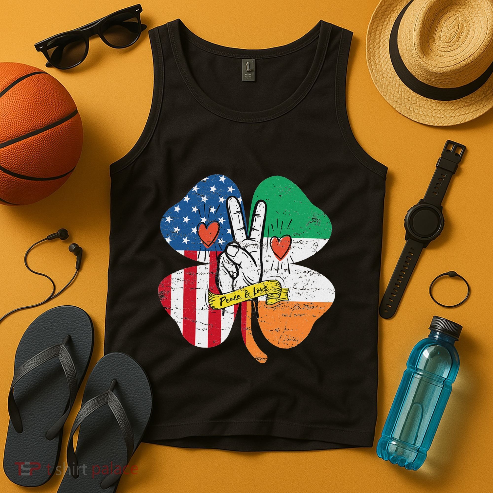 St PatrickS Day Irish American Flag Peace Love Shamrock Tank Top