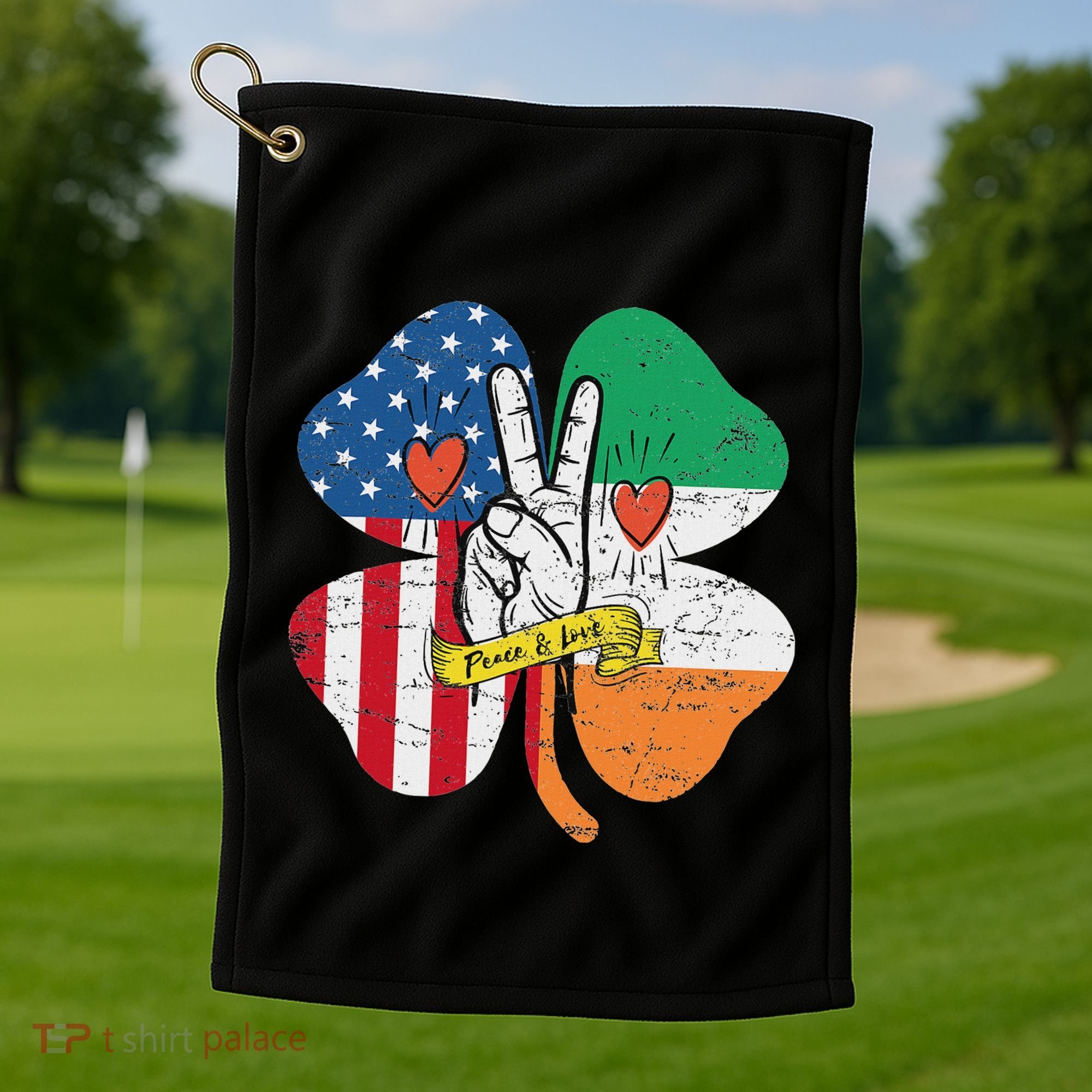 St PatrickS Day Irish American Flag Peace Love Shamrock Golf Towel