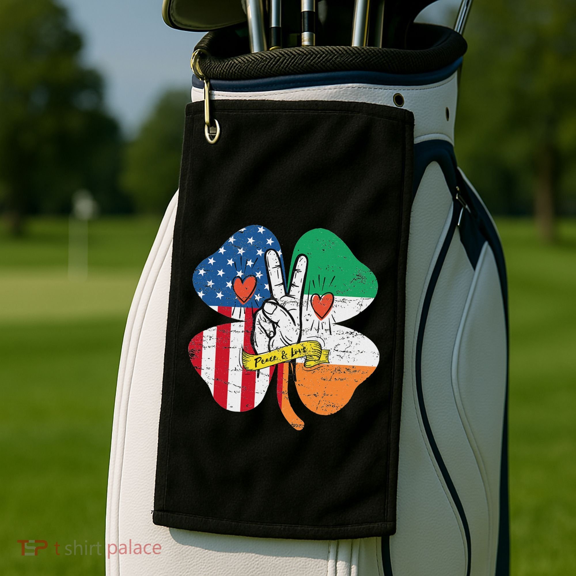 St PatrickS Day Irish American Flag Peace Love Shamrock Golf Towel