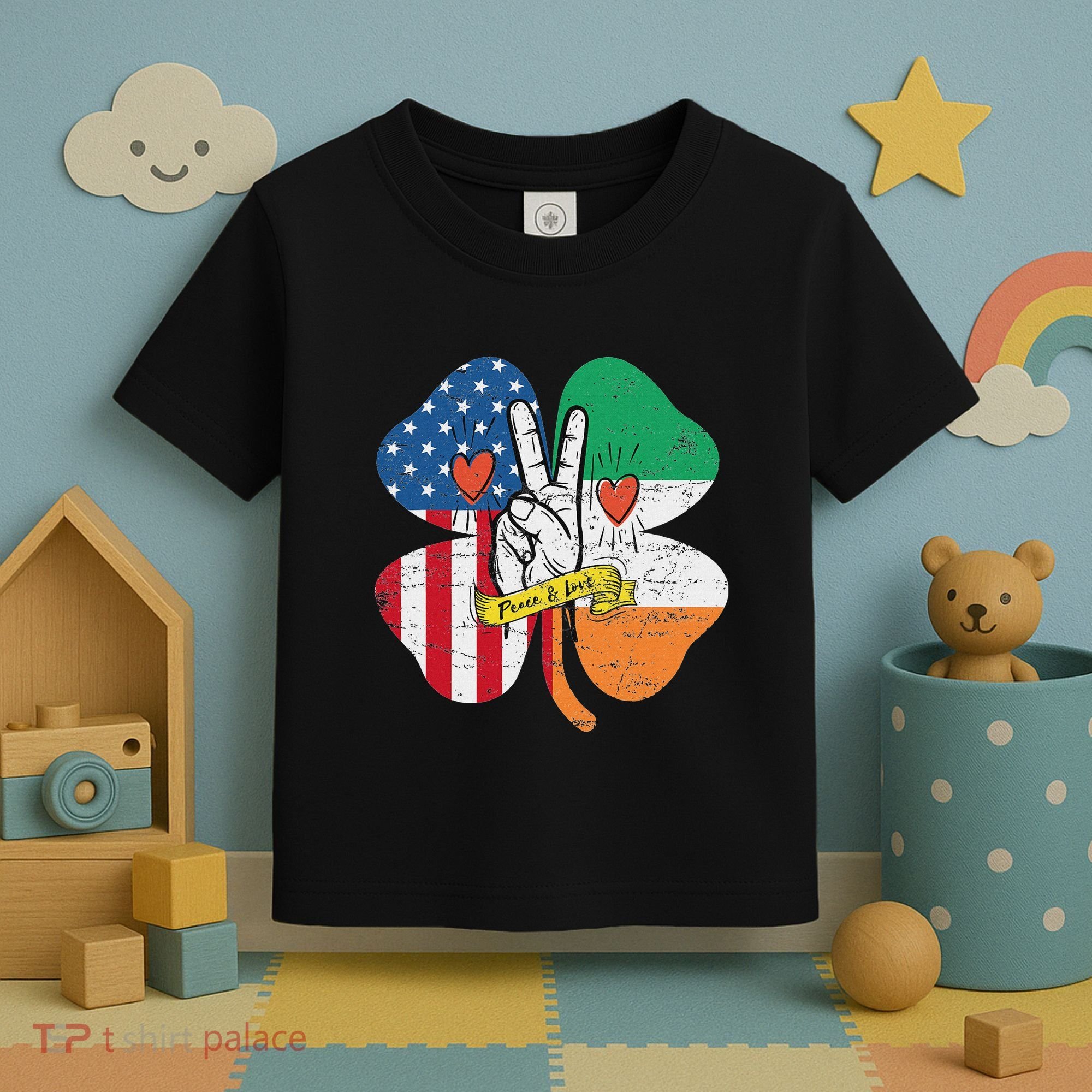 St PatrickS Day Irish American Flag Peace Love Shamrock Toddler T-Shirt