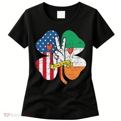 St PatrickS Day Irish American Flag Peace Love Shamrock Women's T-Shirt