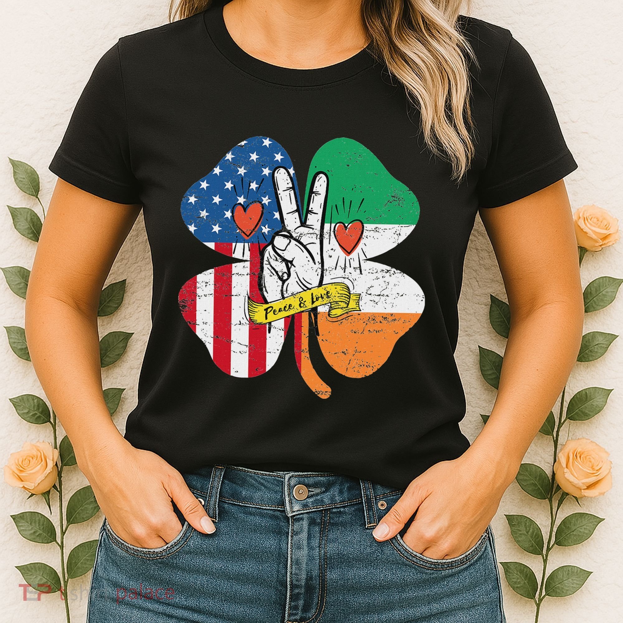 St PatrickS Day Irish American Flag Peace Love Shamrock Women's T-Shirt