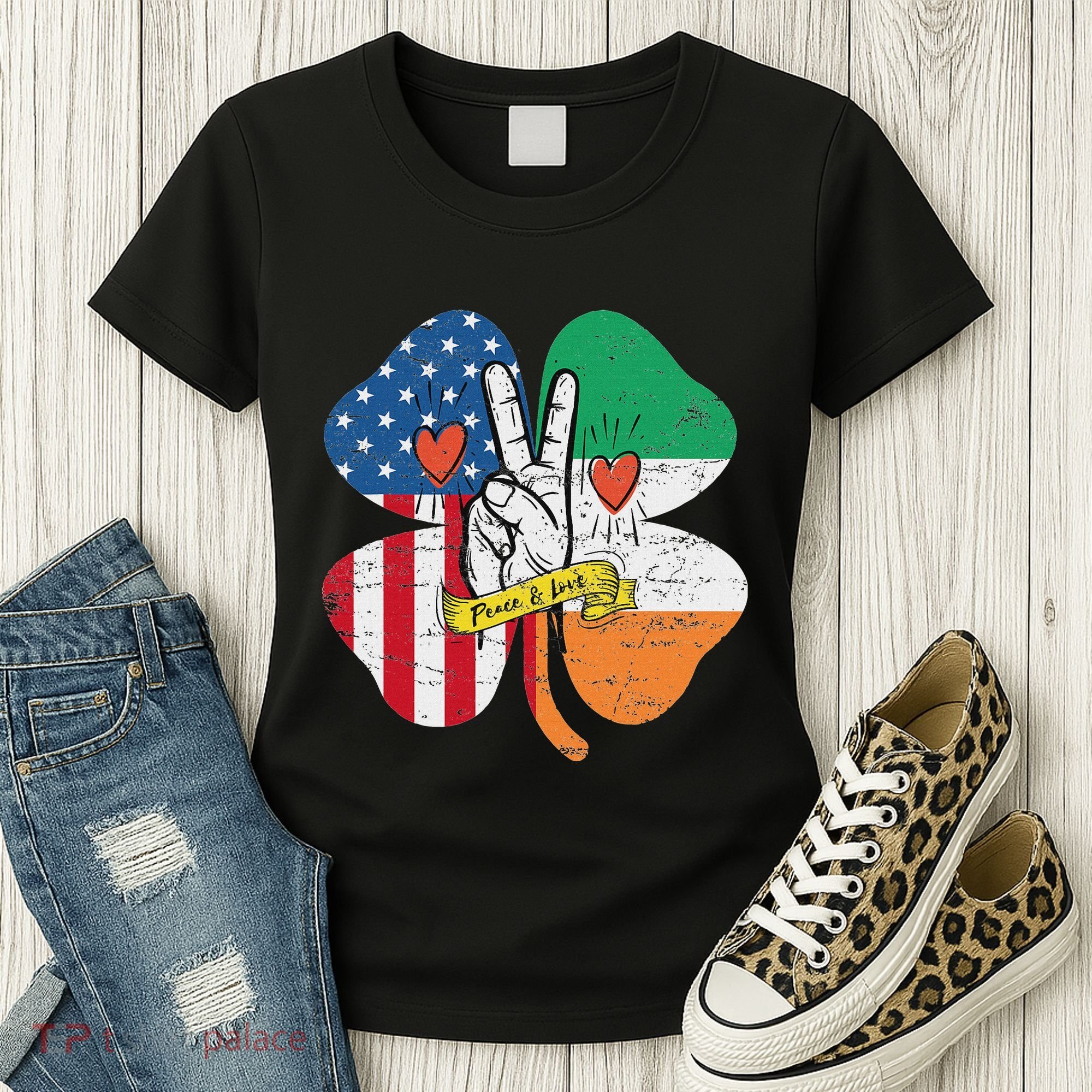 St PatrickS Day Irish American Flag Peace Love Shamrock Women's T-Shirt