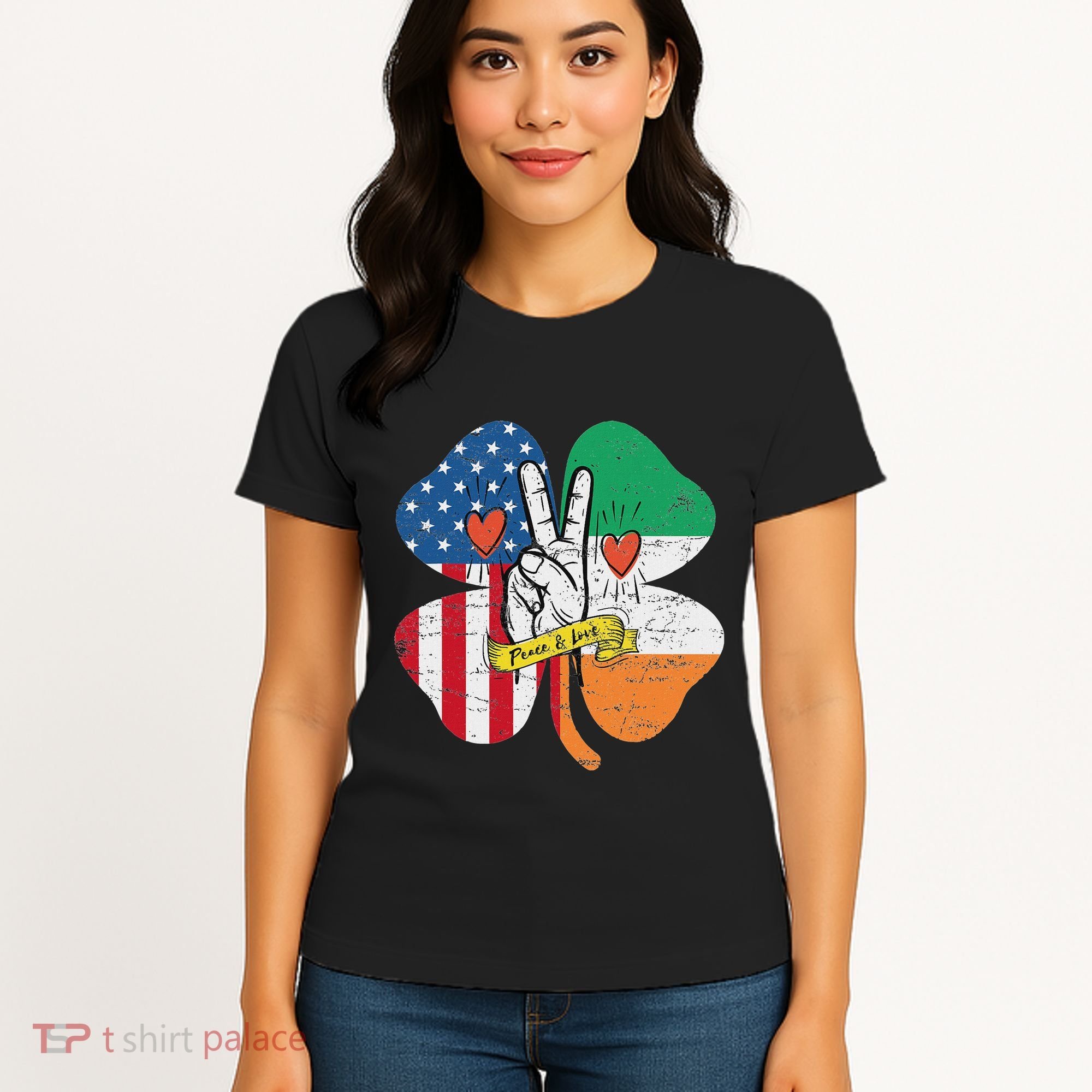 St PatrickS Day Irish American Flag Peace Love Shamrock Women's T-Shirt