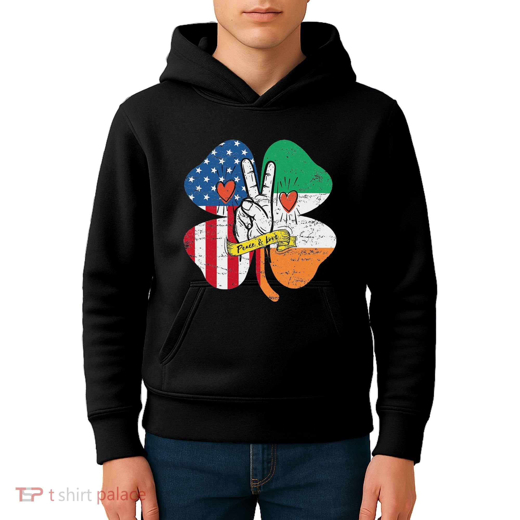 St PatrickS Day Irish American Flag Peace Love Shamrock Kids Hoodie