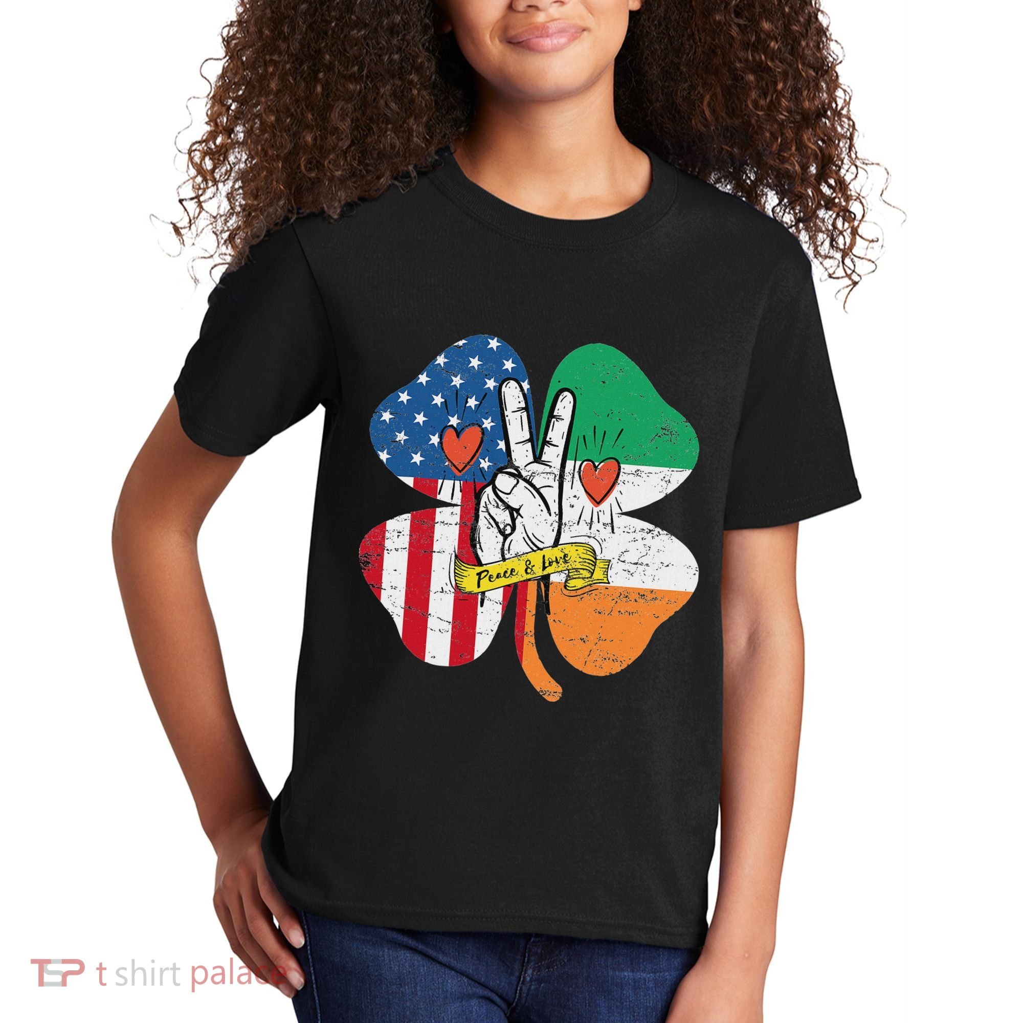 St PatrickS Day Irish American Flag Peace Love Shamrock Kids T-Shirt