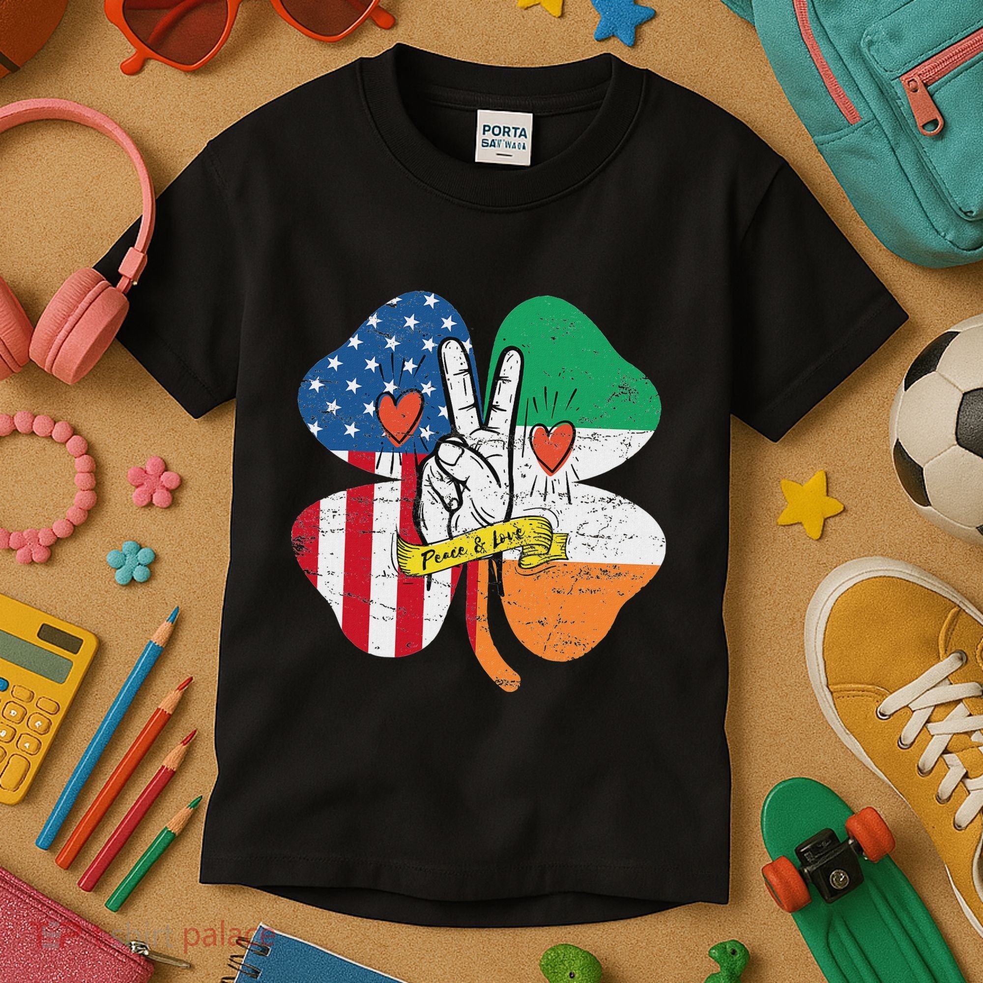 St PatrickS Day Irish American Flag Peace Love Shamrock Kids T-Shirt
