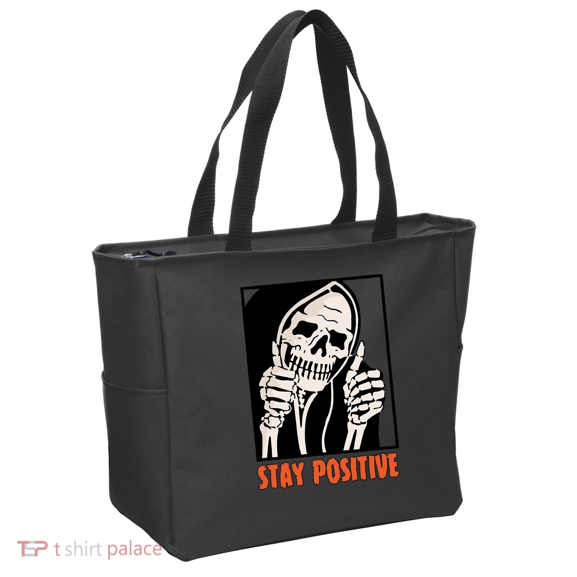 Stay Positive Funny Skeleton Thumbs Up Spooky Halloween Tote Bag