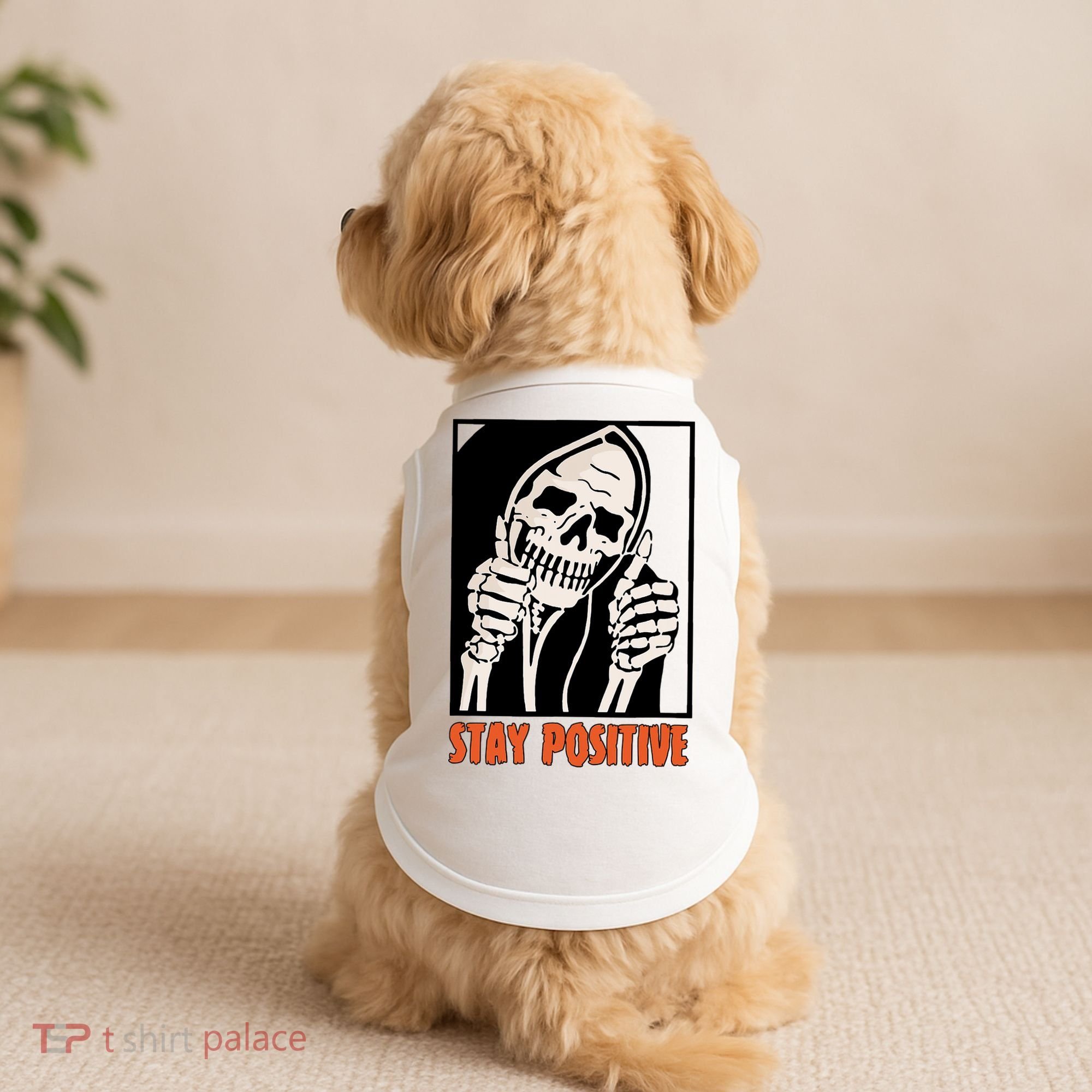 Stay Positive Funny Skeleton Thumbs Up Spooky Halloween Doggie Tank