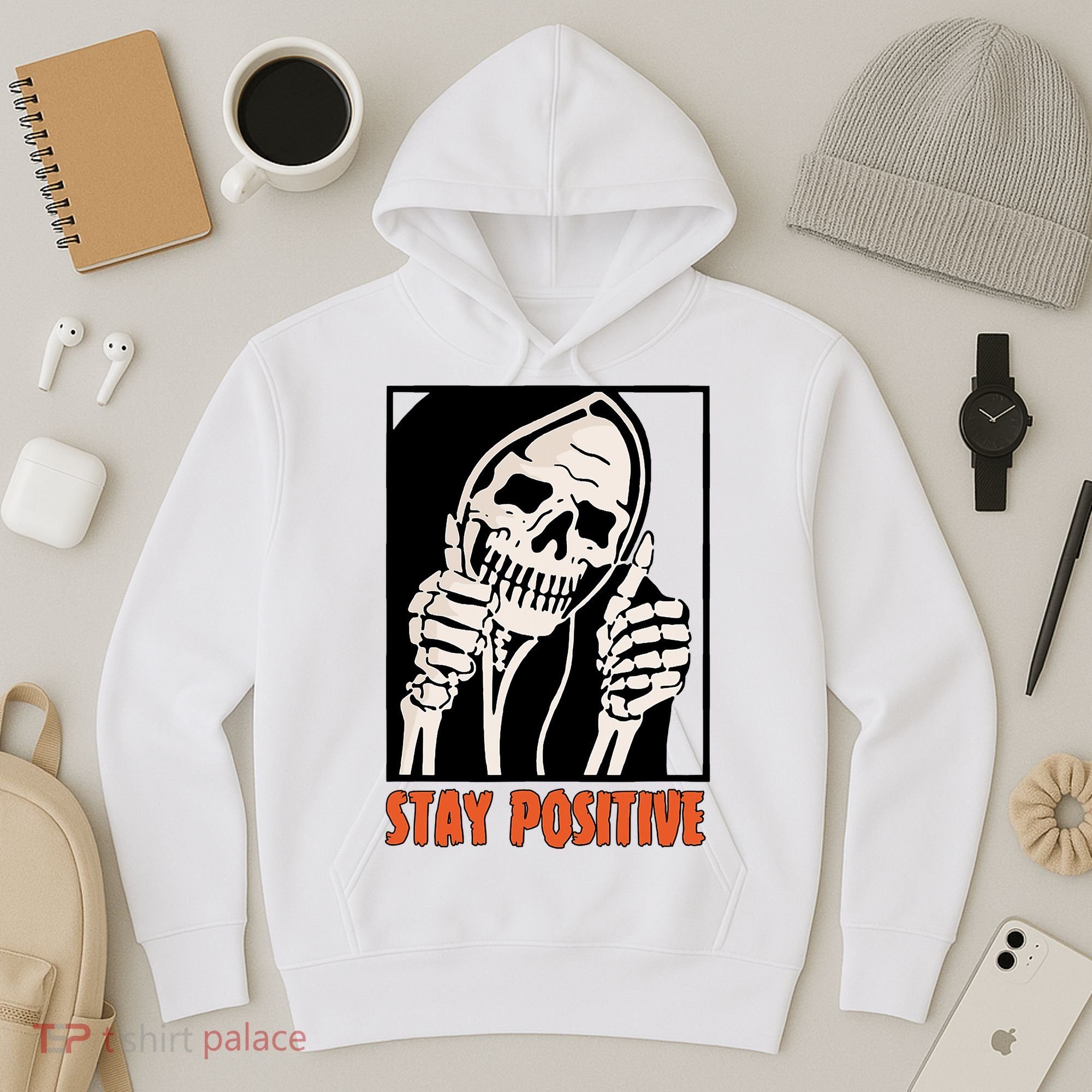 Stay Positive Funny Skeleton Thumbs Up Spooky Halloween Hoodie