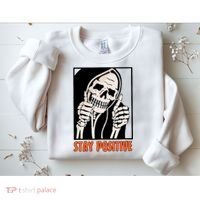 Stay Positive Funny Skeleton Thumbs Up Spooky Halloween Sweatshirt thumb 2