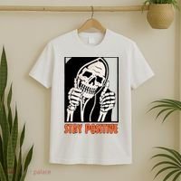 Stay Positive Funny Skeleton Thumbs Up Spooky Halloween T-Shirt thumb 2