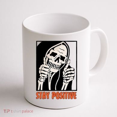Stay Positive Funny Skeleton Thumbs Up Spooky Halloween Coffee Mug back