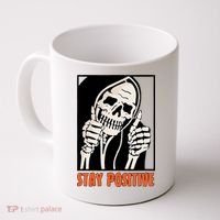 Stay Positive Funny Skeleton Thumbs Up Spooky Halloween Coffee Mug thumb 0