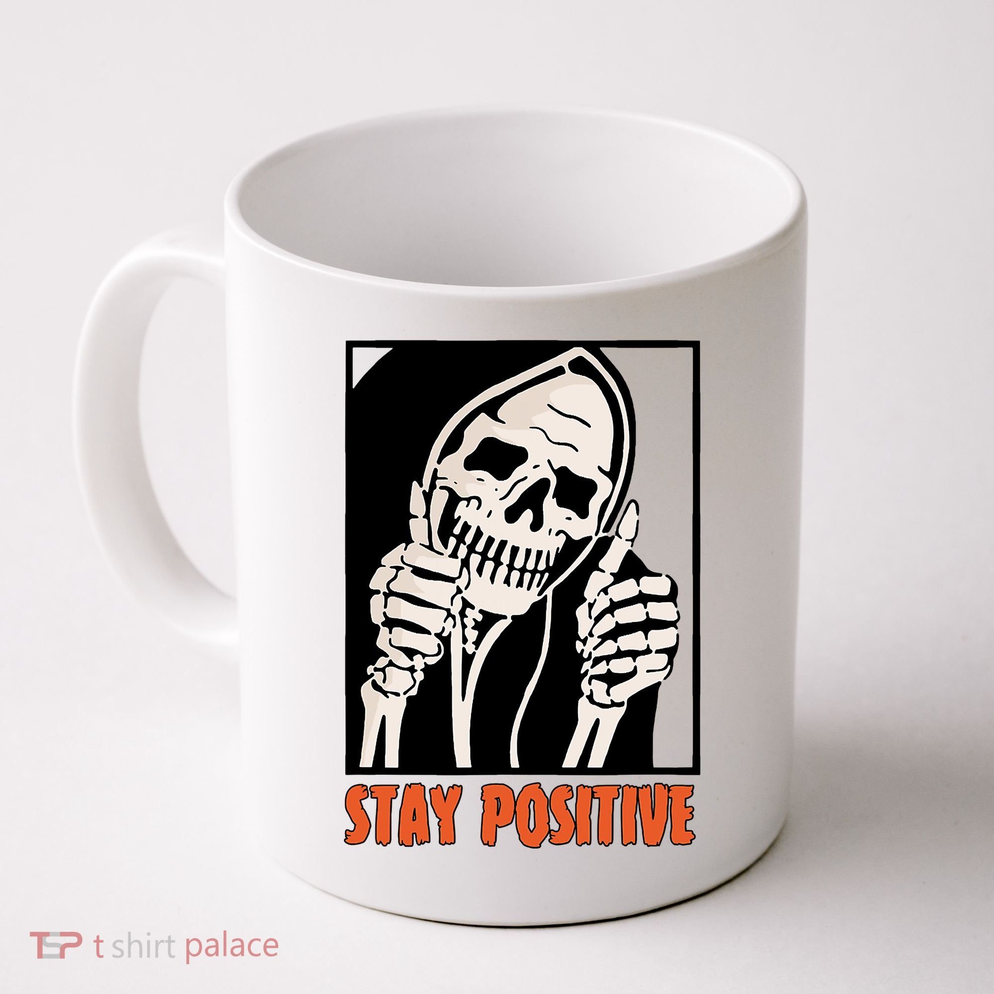 Stay Positive Funny Skeleton Thumbs Up Spooky Halloween Coffee Mug