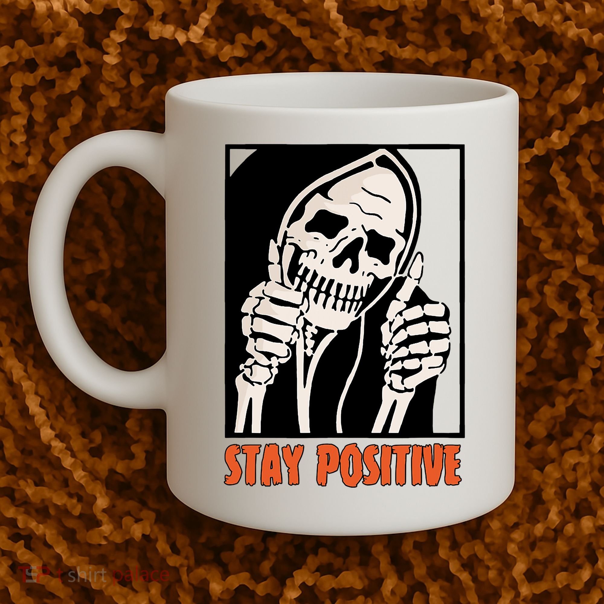 Stay Positive Funny Skeleton Thumbs Up Spooky Halloween Coffee Mug