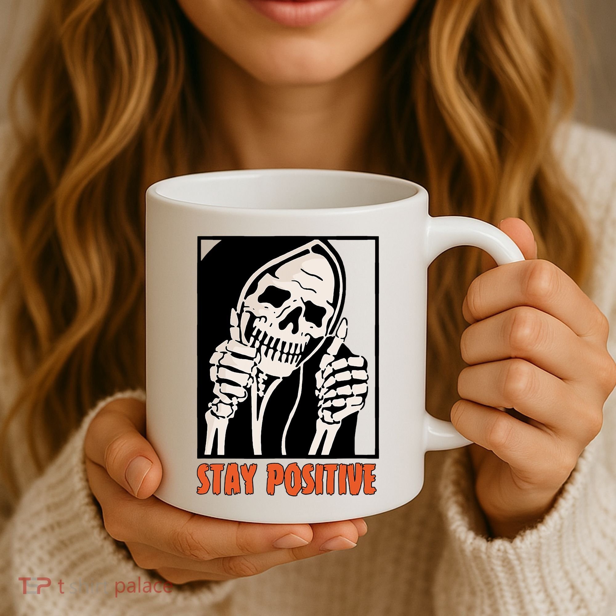 Stay Positive Funny Skeleton Thumbs Up Spooky Halloween Coffee Mug