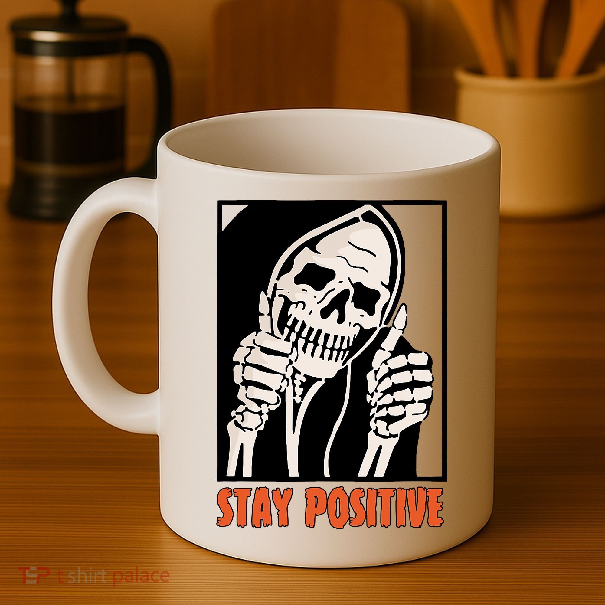 Stay Positive Funny Skeleton Thumbs Up Spooky Halloween Coffee Mug