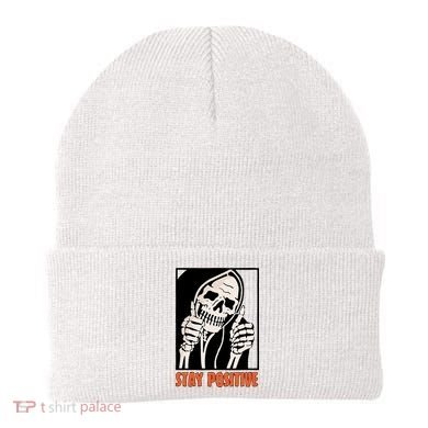 Stay Positive Funny Skeleton Thumbs Up Spooky Halloween Beanie