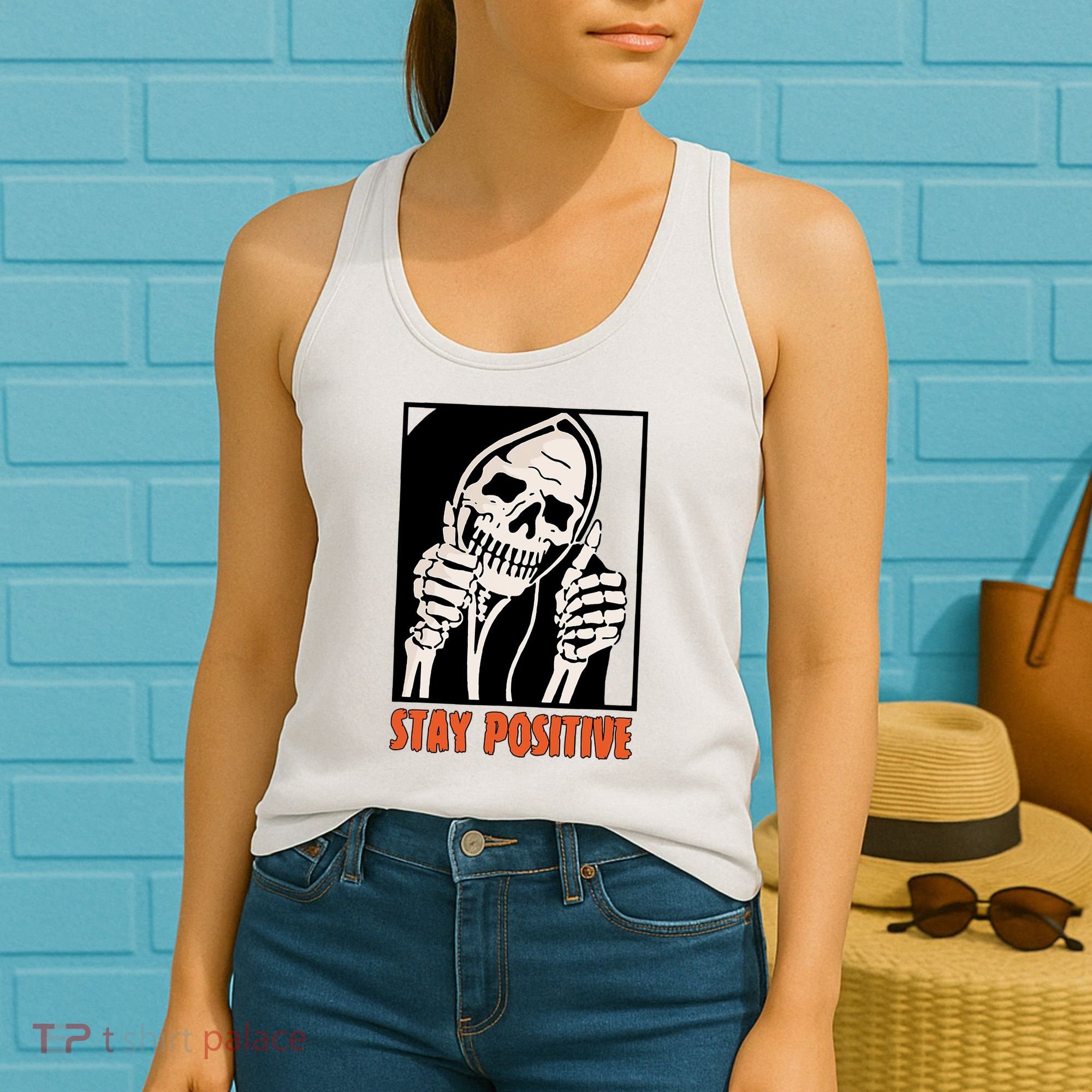 Stay Positive Funny Skeleton Thumbs Up Spooky Halloween Women's Tank Top