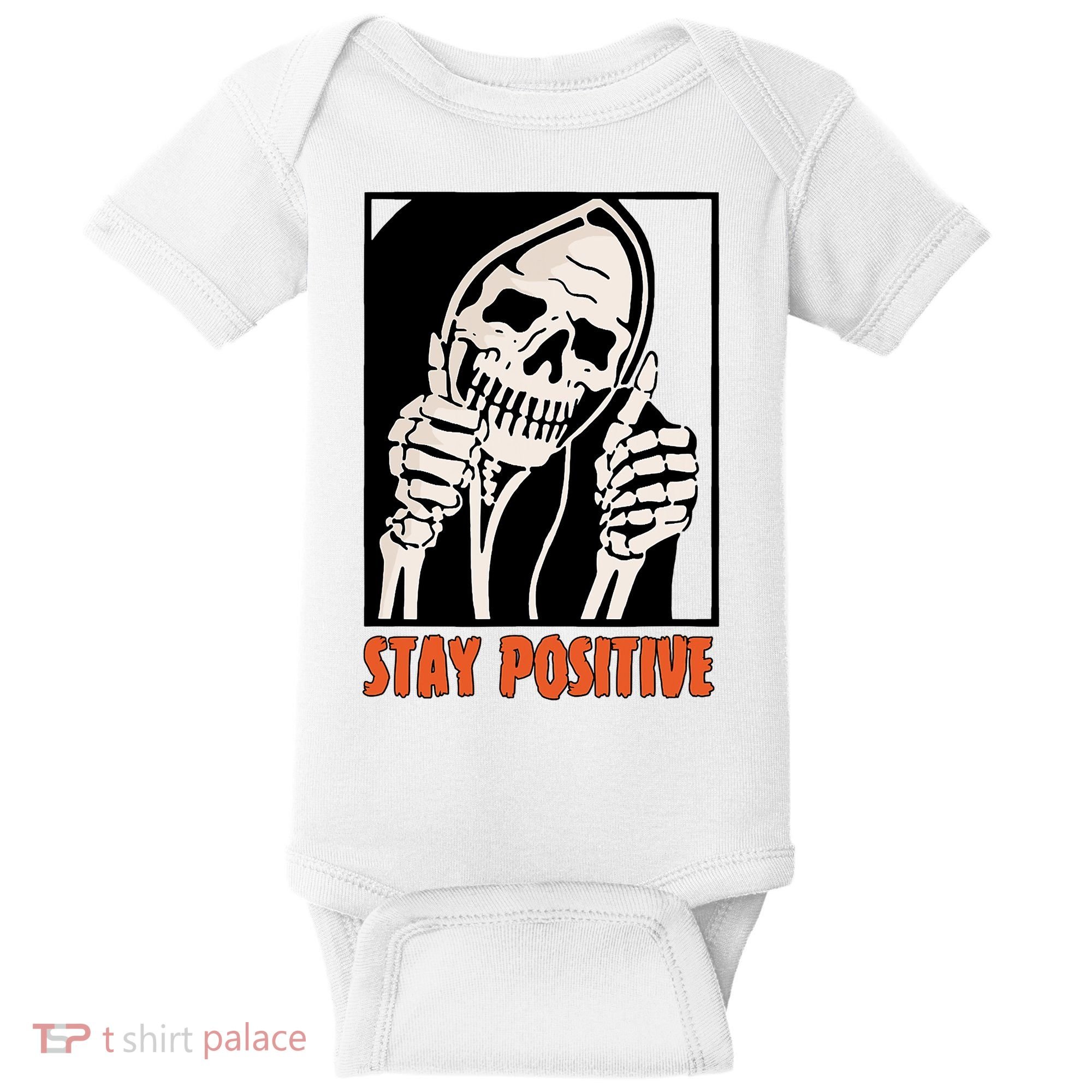 Stay Positive Funny Skeleton Thumbs Up Spooky Halloween Baby Bodysuit