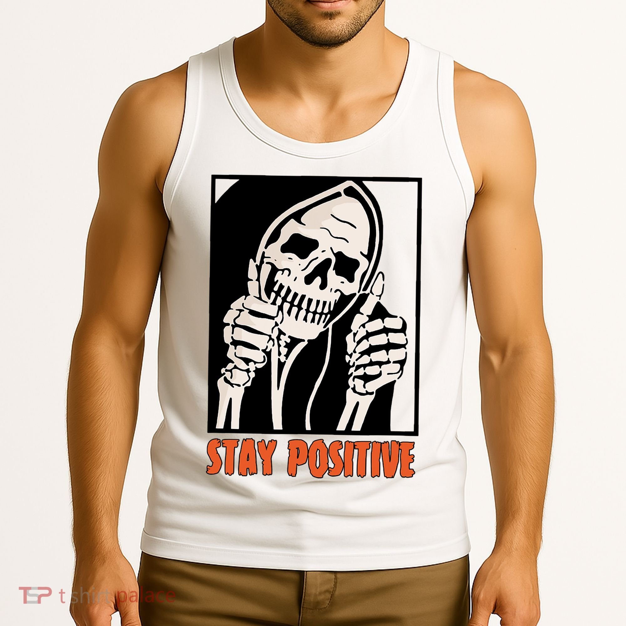 Stay Positive Funny Skeleton Thumbs Up Spooky Halloween Tank Top