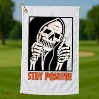 Stay Positive Funny Skeleton Thumbs Up Spooky Halloween Golf Towel thumb 1