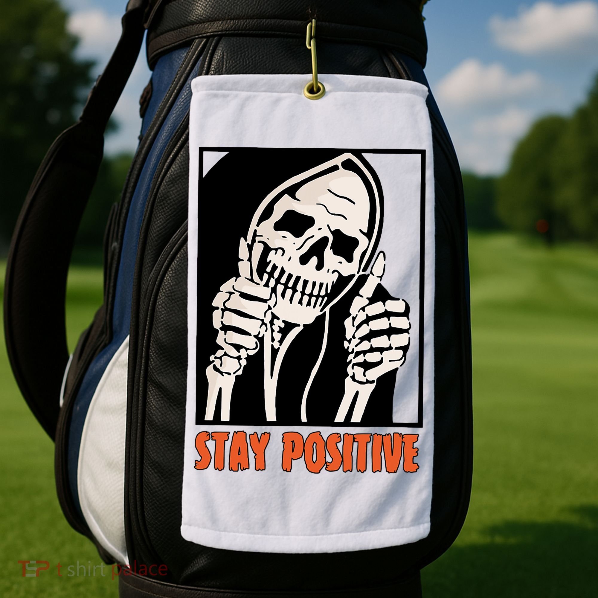 Stay Positive Funny Skeleton Thumbs Up Spooky Halloween Golf Towel