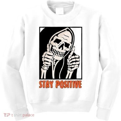 Stay Positive Funny Skeleton Thumbs Up Spooky Halloween Kids Sweatshirt