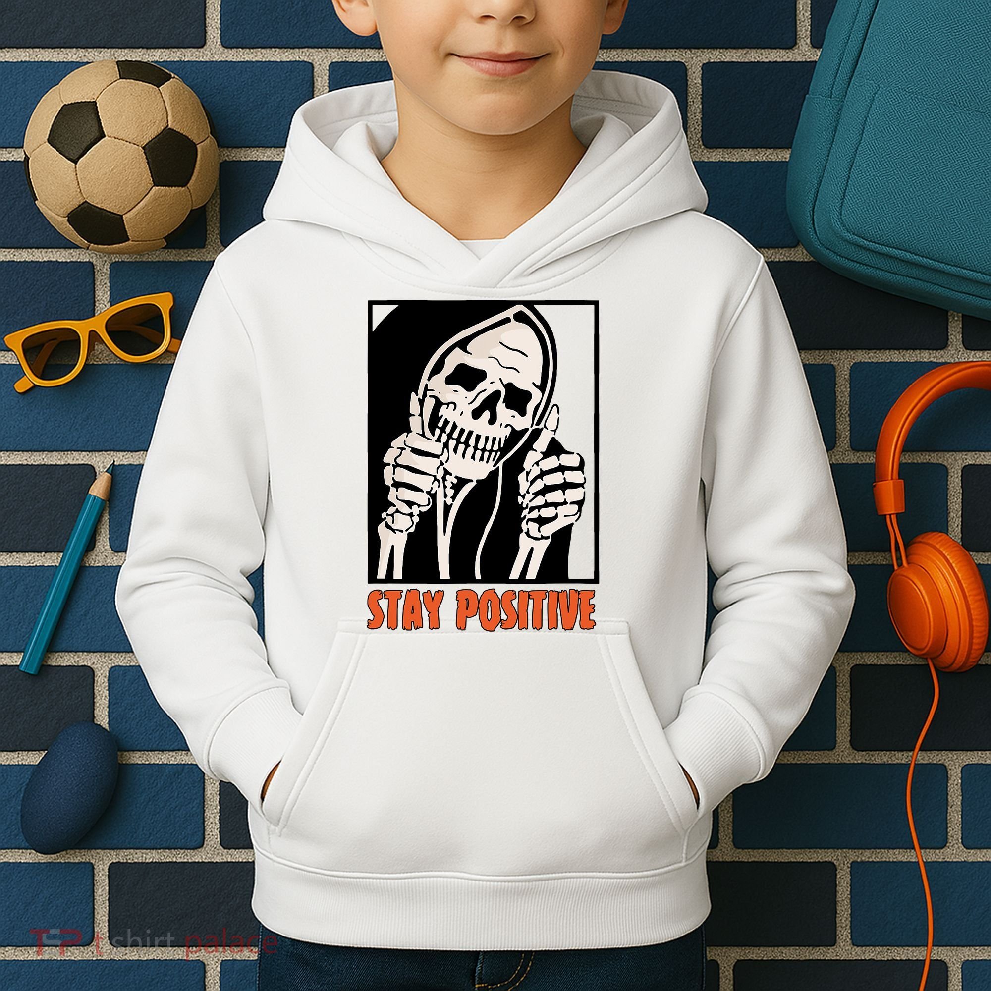 Stay Positive Funny Skeleton Thumbs Up Spooky Halloween Kids Hoodie