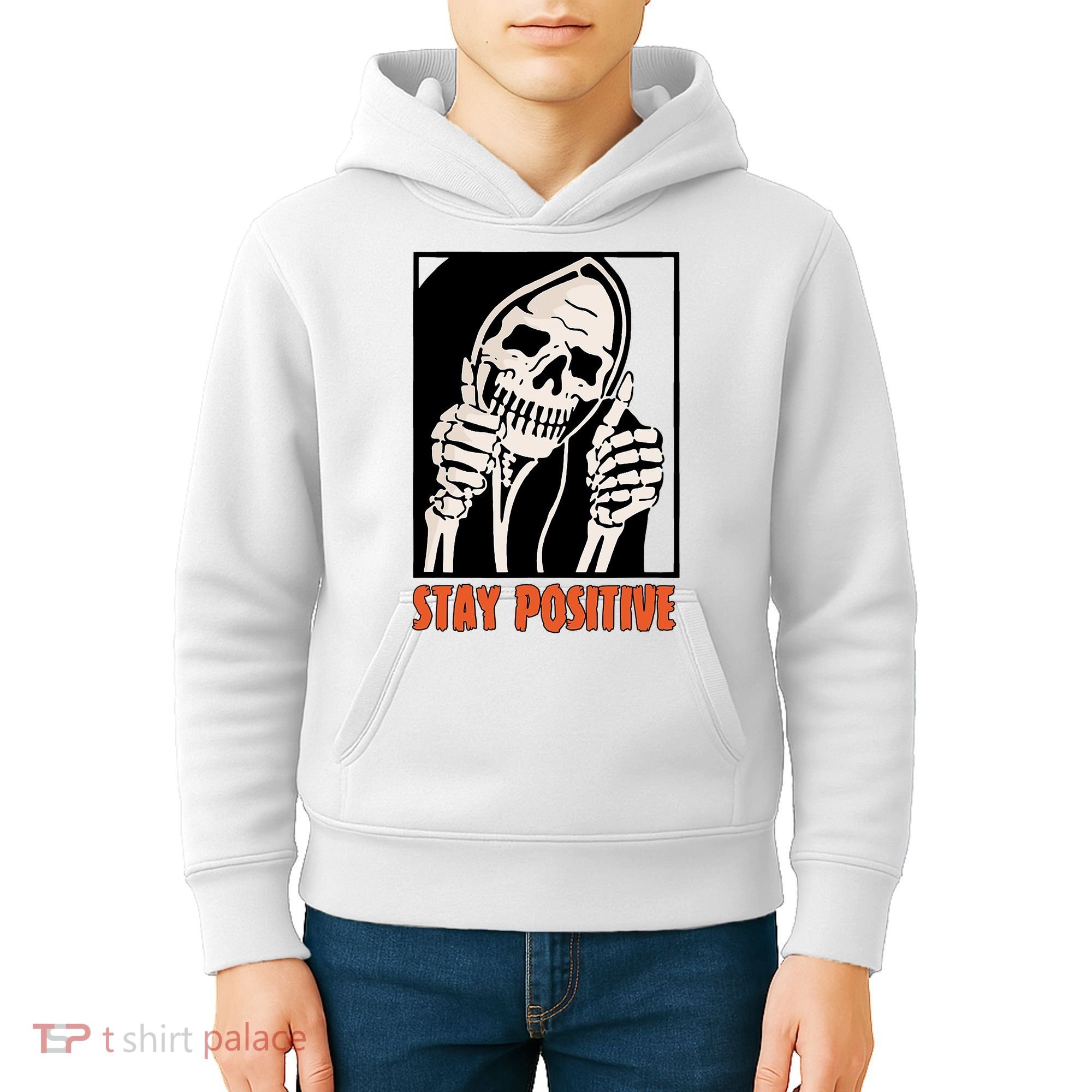 Stay Positive Funny Skeleton Thumbs Up Spooky Halloween Kids Hoodie