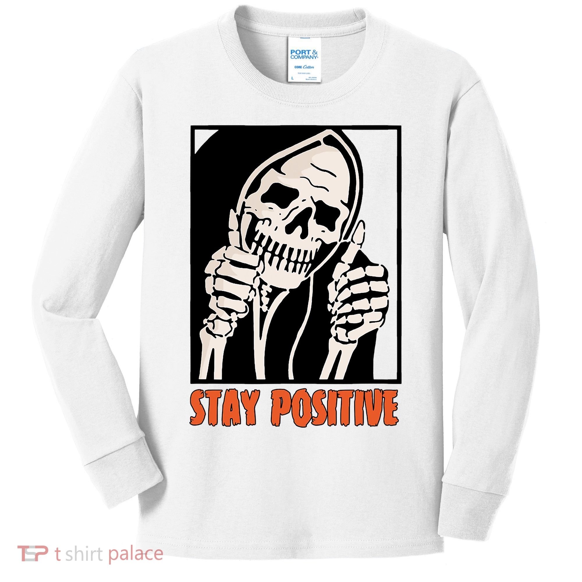 Stay Positive Funny Skeleton Thumbs Up Spooky Halloween Kids Long Sleeve Shirt