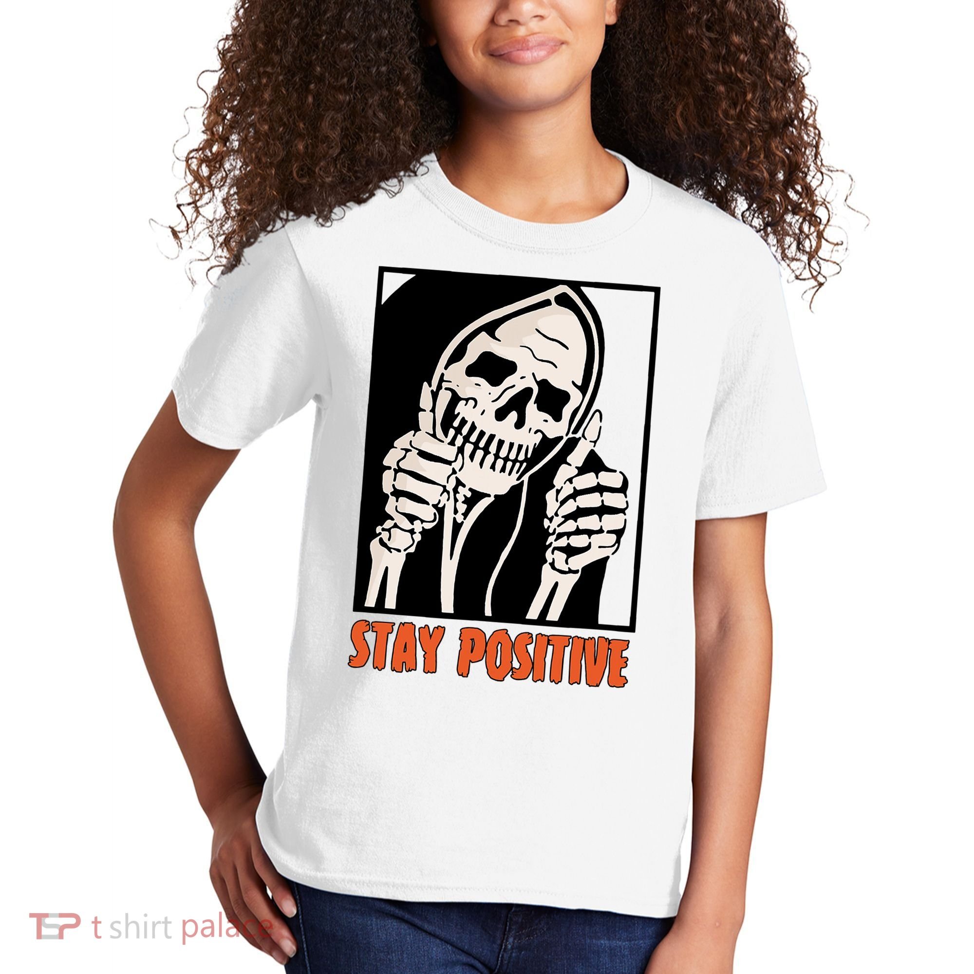 Stay Positive Funny Skeleton Thumbs Up Spooky Halloween Kids T-Shirt