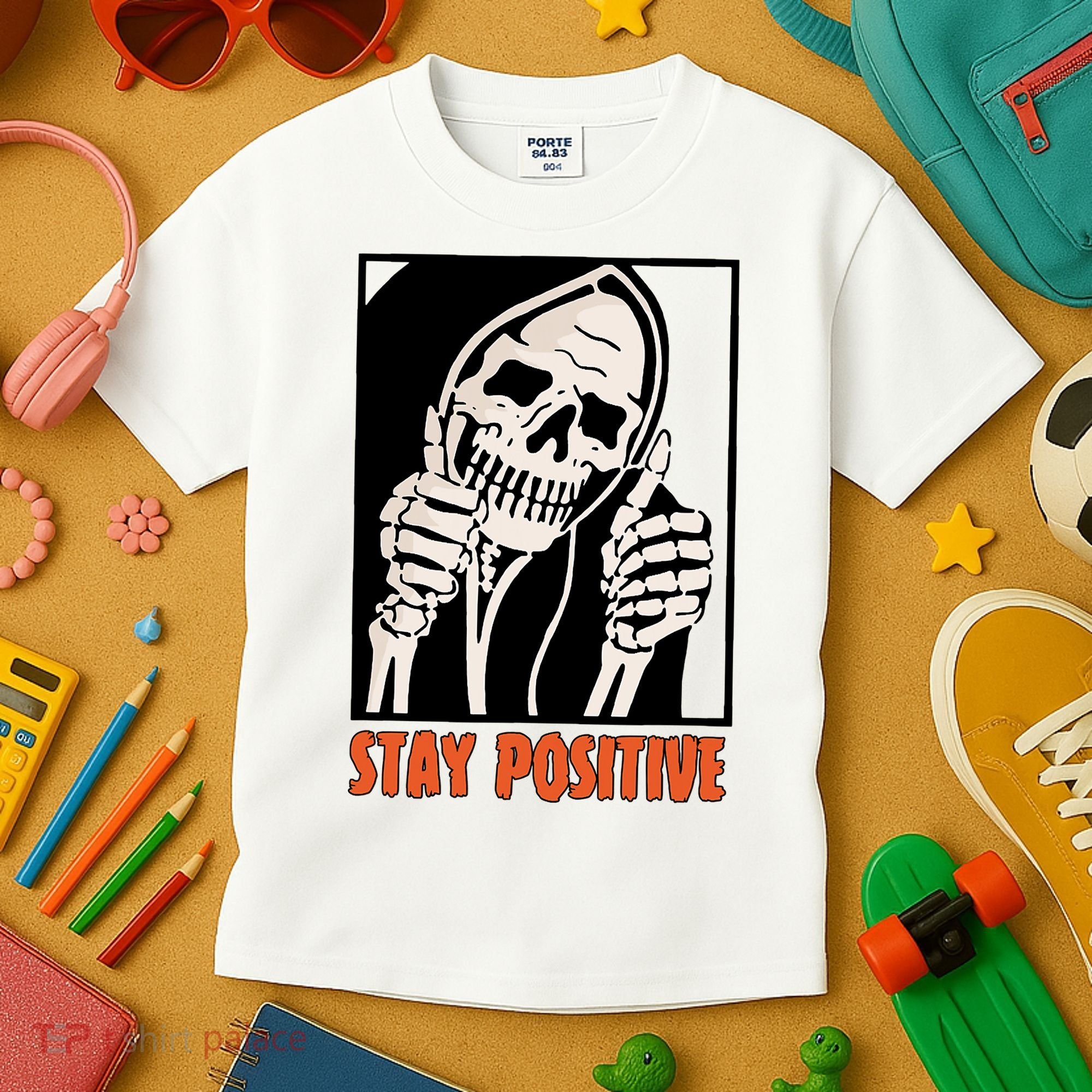 Stay Positive Funny Skeleton Thumbs Up Spooky Halloween Kids T-Shirt