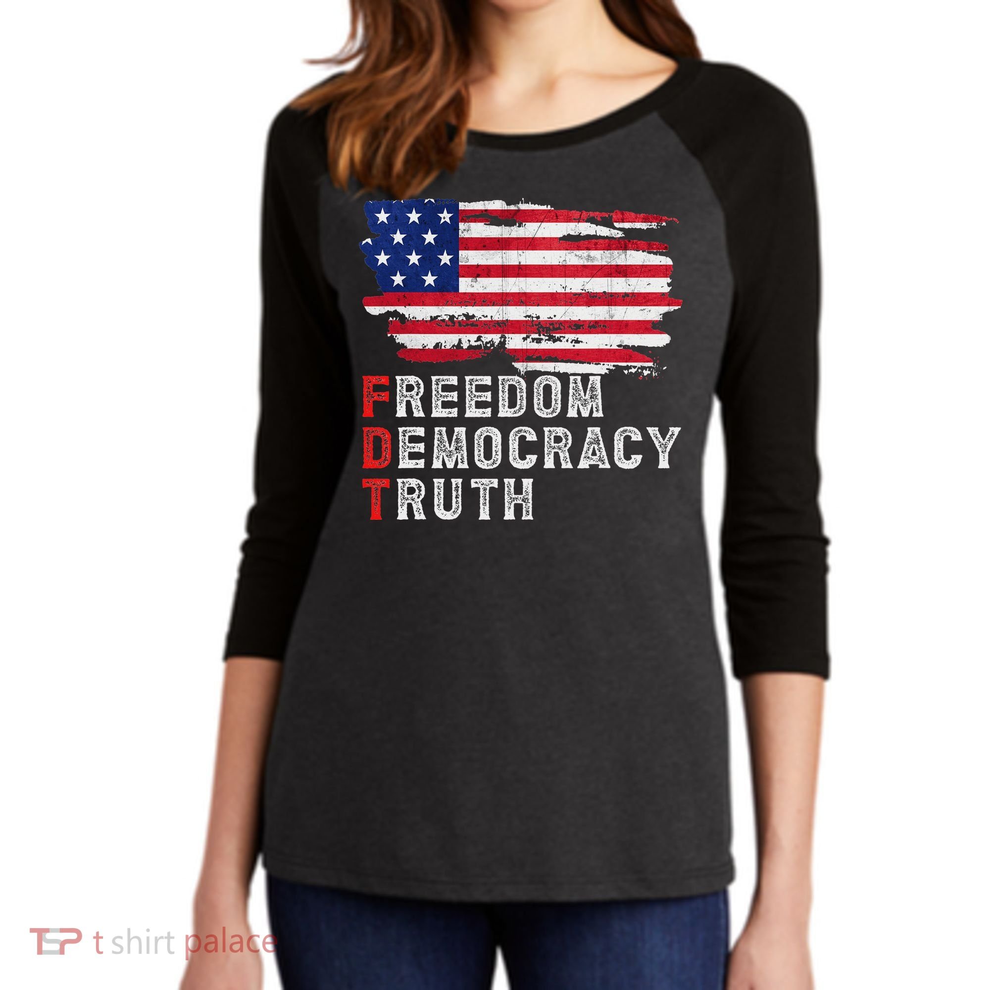 Subtle Political Freedom Democracy & Truth American Patriot Women's Tri-Blend 3/4-Sleeve Raglan Shirt