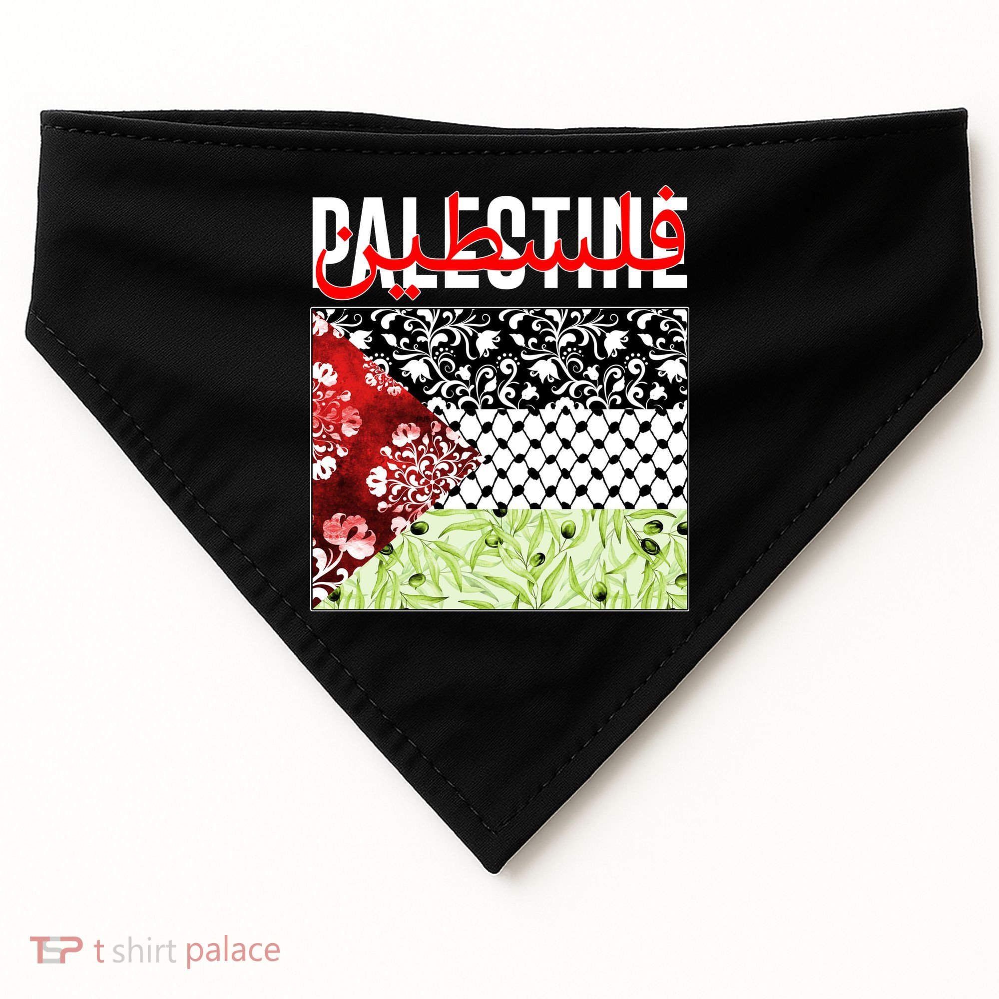 Support Palestine Flag Traditional Keffiyeh Floral Patterns USA-Made Doggie Bandana