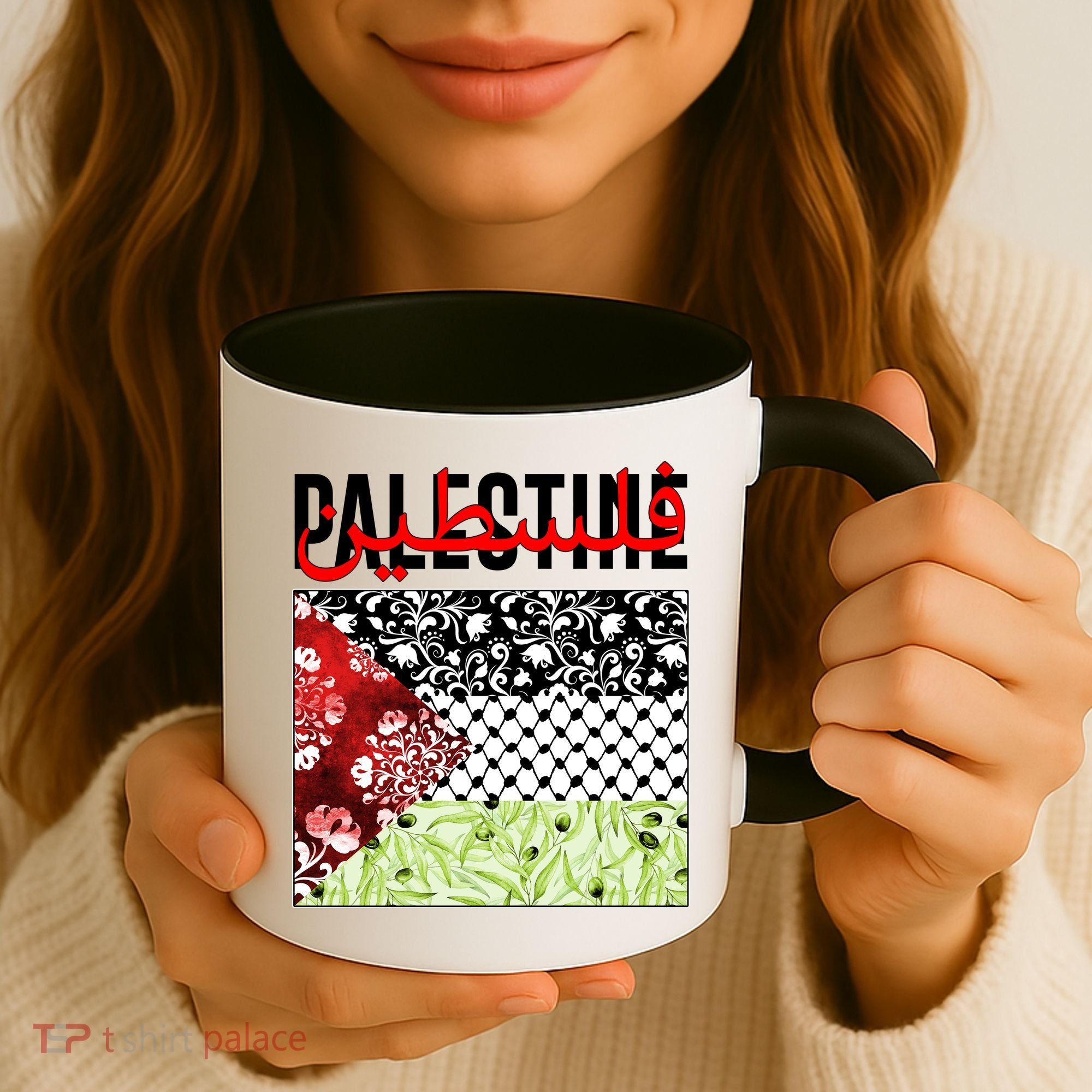 Support Palestine Flag Traditional Keffiyeh Floral Patterns Coffee Mug