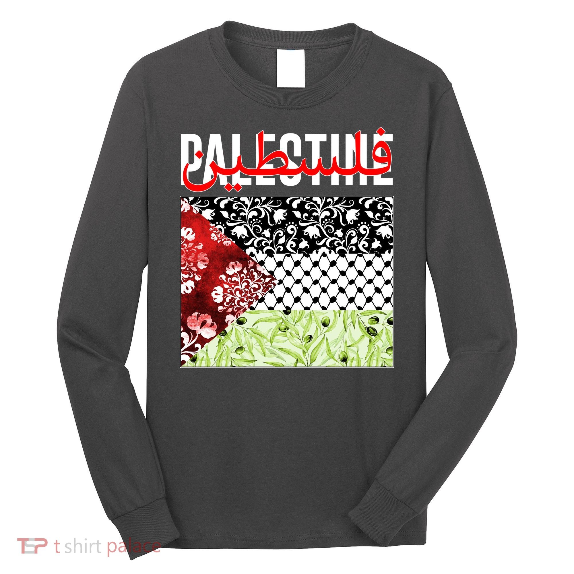 Support Palestine Flag Traditional Keffiyeh Floral Patterns Long Sleeve Shirt