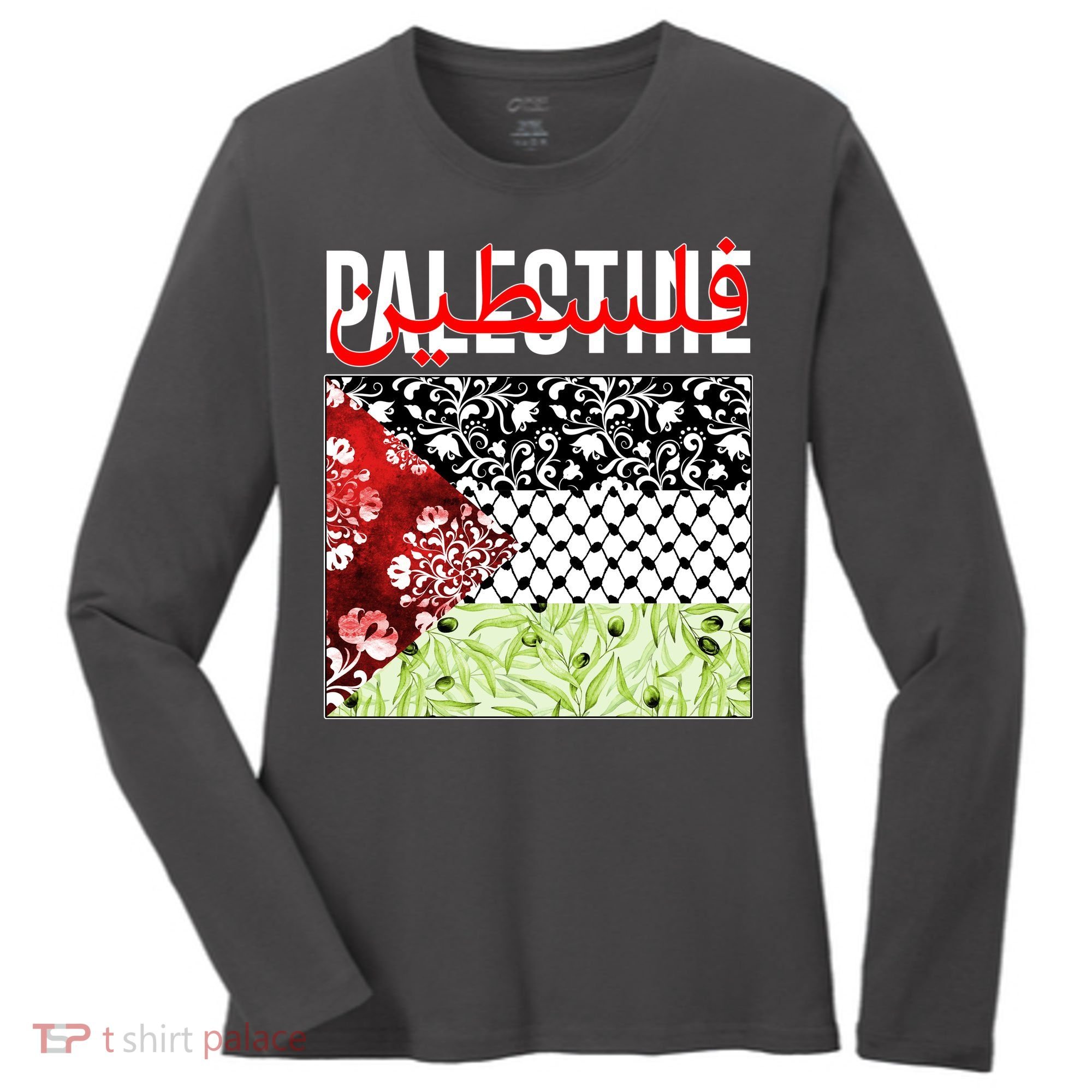 Support Palestine Flag Traditional Keffiyeh Floral Patterns Women's Long Sleeve Shirt