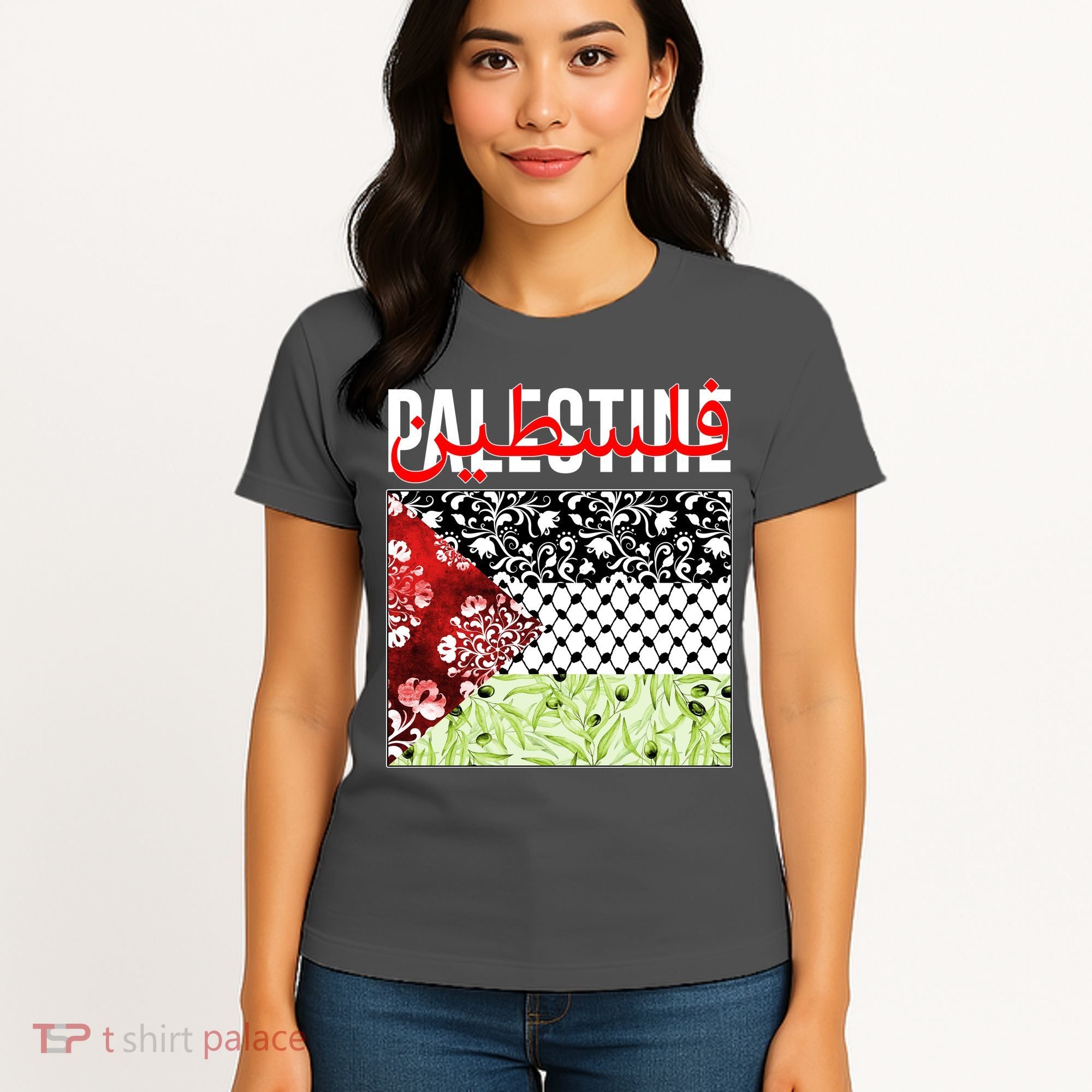 Support Palestine Flag Traditional Keffiyeh Floral Patterns Women's T-Shirt