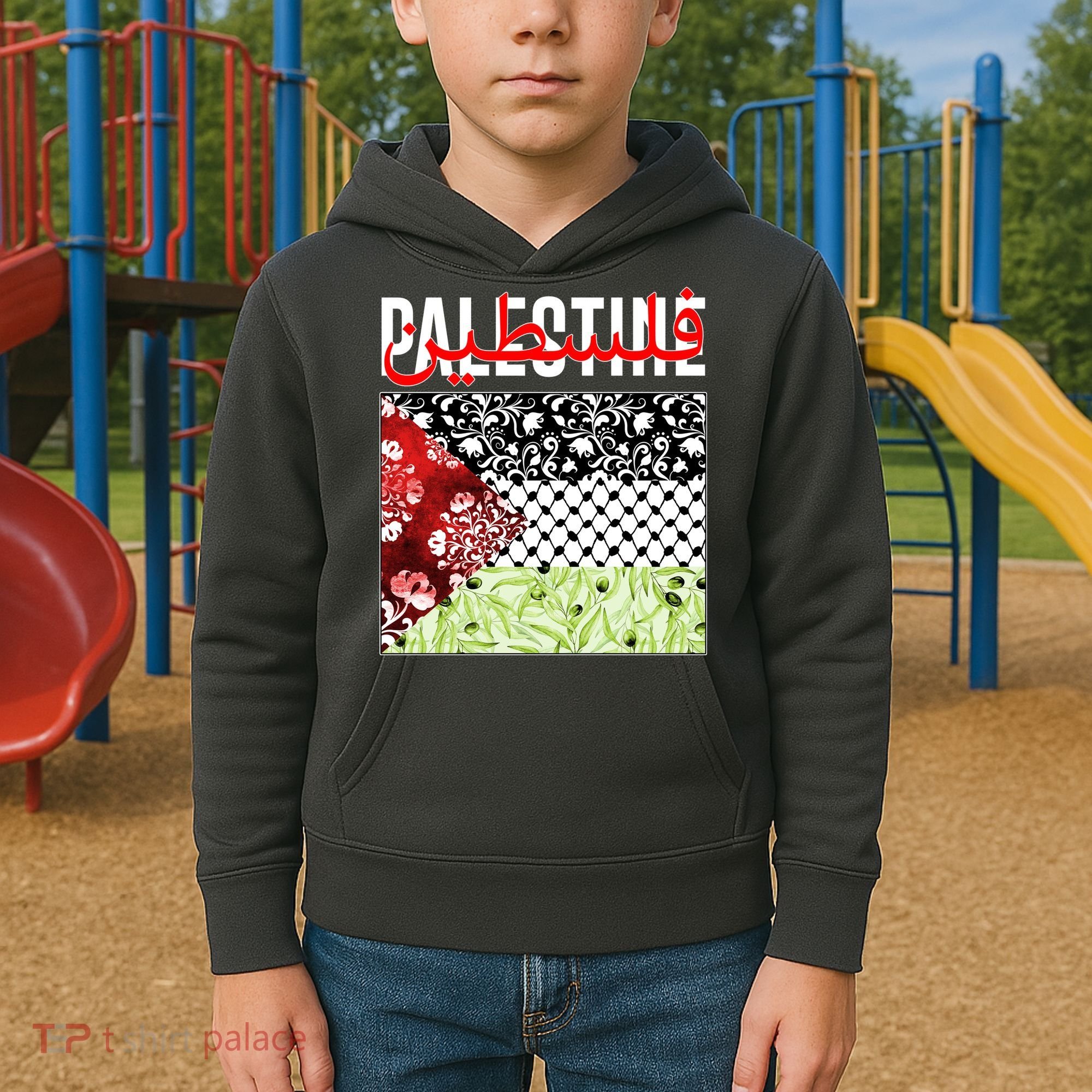 Support Palestine Flag Traditional Keffiyeh Floral Patterns Kids Hoodie
